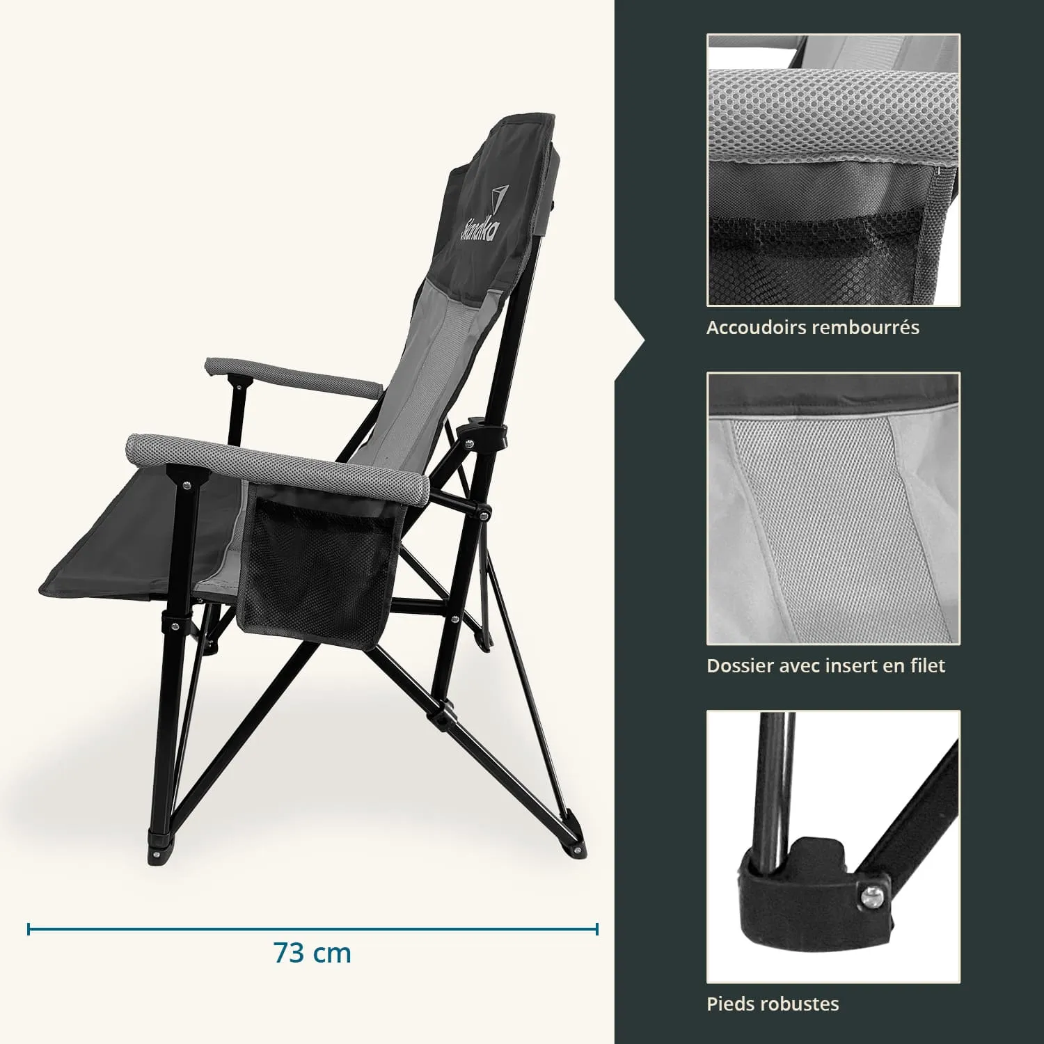 Faltstuhl in Schwarz und Grau, mit gepolsterten Armlehnen und einem Netzteil im Rückenteil. Maße: 73 cm.