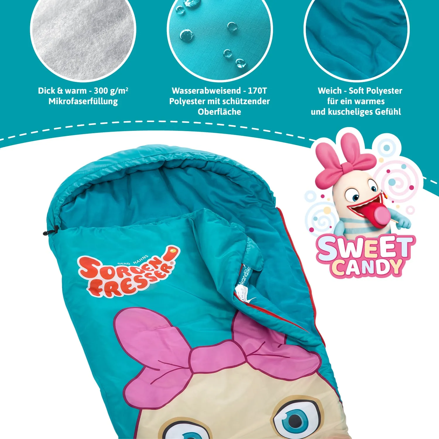 Schlafsack in Türkis mit einem großen, cartoonhaften Gesicht und pinkem Haarband. Textdetails zu Materialeigenschaften sind sichtbar.