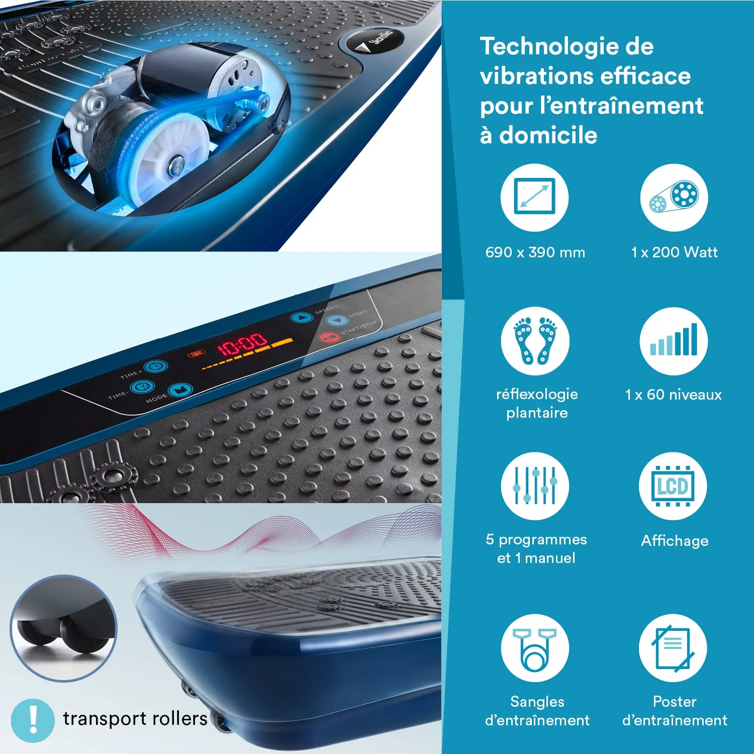 Vibrationsplatte mit LCD-Bildschirm, Steuerungselementen, rutschfester Oberfläche und Transportrollen. Technische Details aufgeführt.