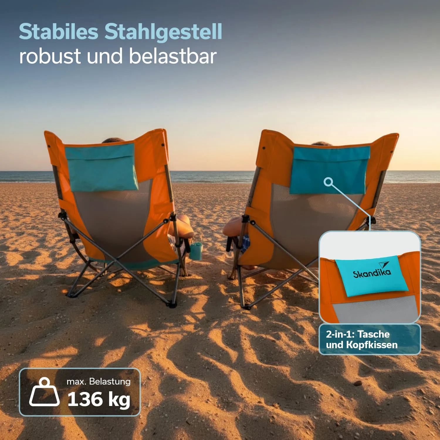 Zwei Liegestühle mit orangefarbenen Rückenlehnen stehen am Strand, Blick auf das Wasser. Im Vordergrund eine Grafik zur maximalen Belastung.