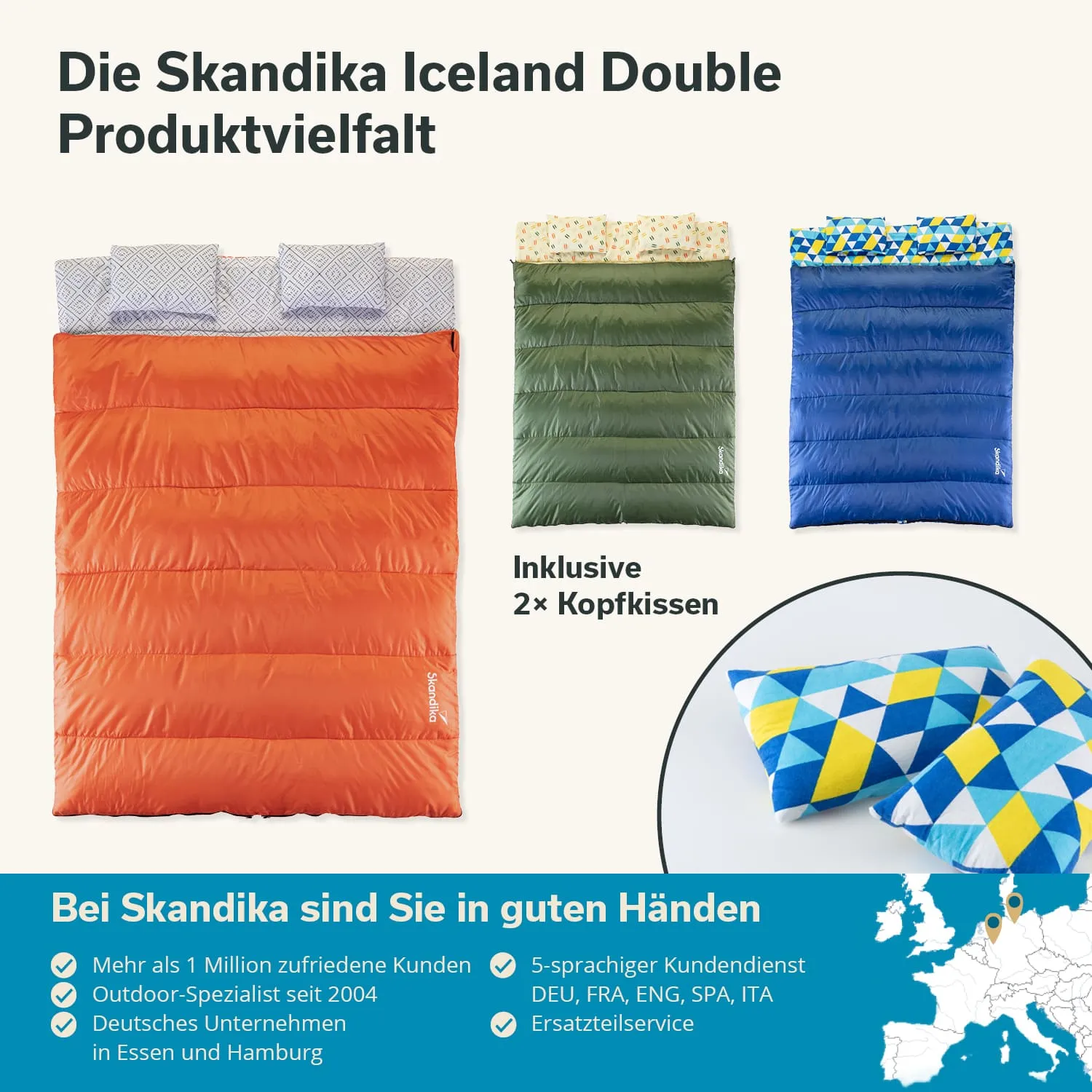 Drei Schlafsäcke in verschiedenen Farben (orange, grün, blau) mit je zwei Kopfkissen. Textinformationen im unteren Bereich.