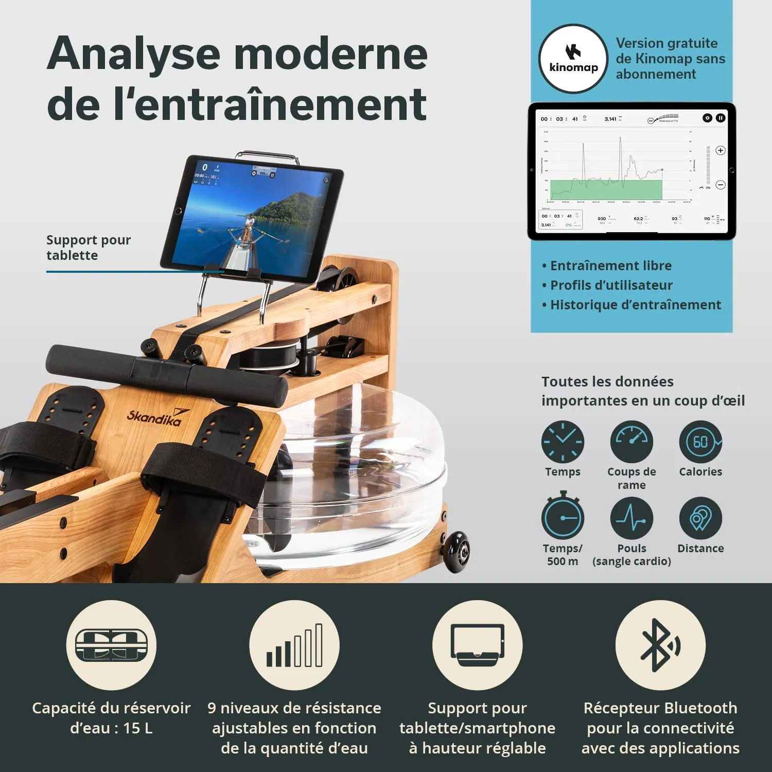 Wassertretgerät aus Holz mit einem transparenter Wassertank, halter für ein Tablet und mehreren Anzeigen für Trainingsdaten.