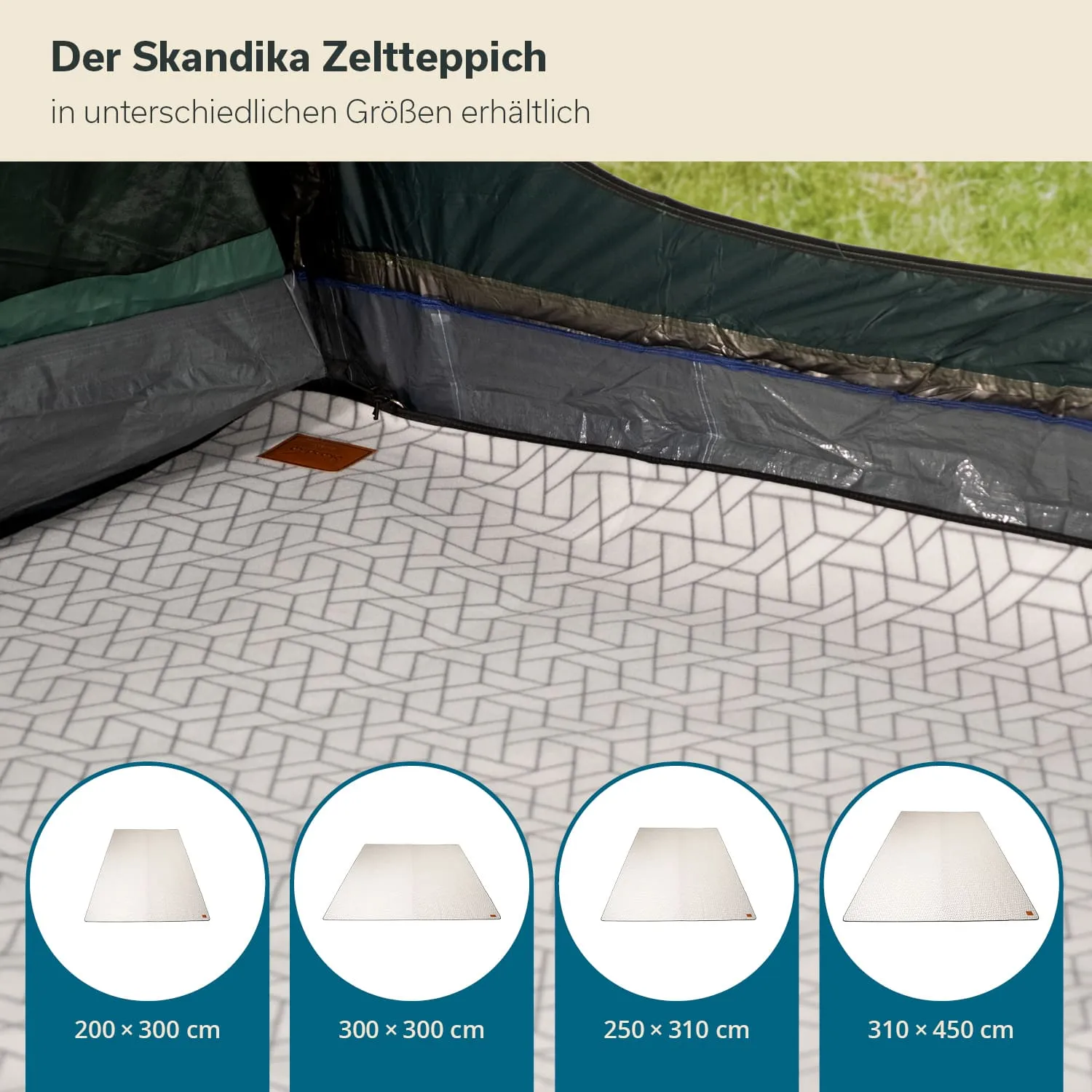 Zeltteppich mit geometrischem Muster im Innenraum eines Zeltes, umgeben von Zeltwänden. Größenangaben darunter.