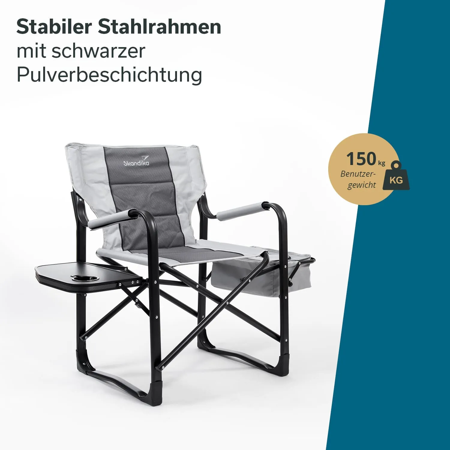 Klappstuhl mit stabilem Stahlrahmen, schwarz pulverbeschichtet. Seitliche Ablagefläche und max. Benutzergewicht von 150 kg.