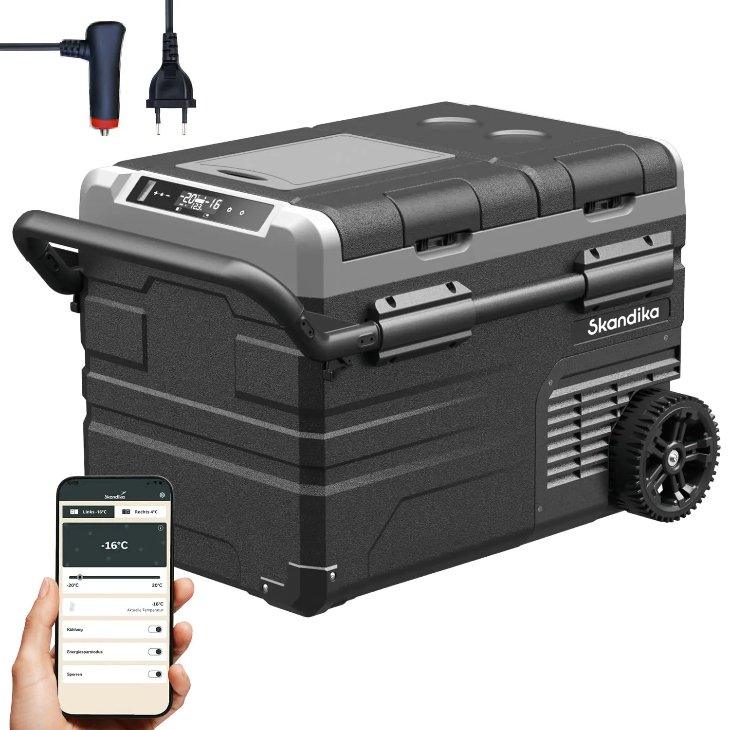 Kühlbox mit Rollen, Griff und digitalem Bedienfeld. Smartphone zeigt Temperaturregler, Verbindungskabel im Bild.