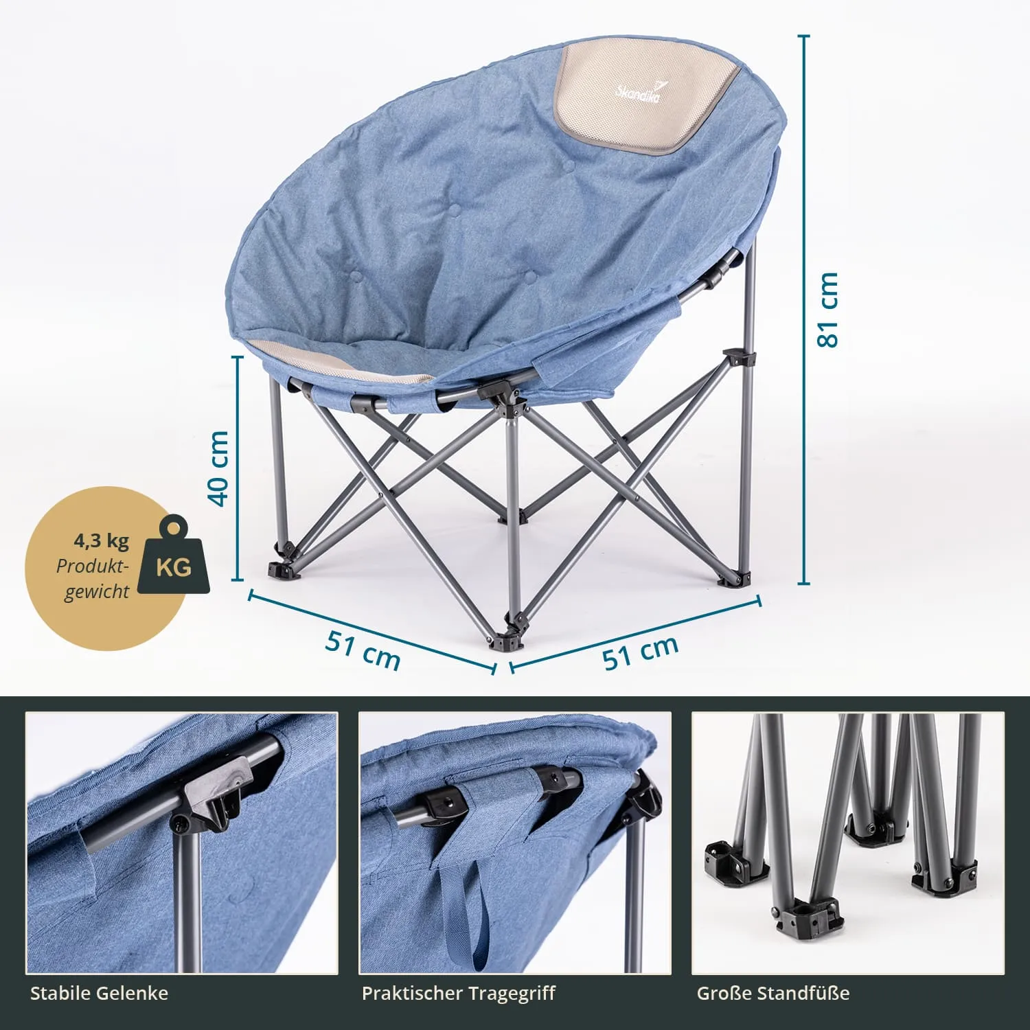 Faltstuhl in blauer Farbe, mit gepolsterter Sitzfläche und schwarzem Gestell. Maße: 81 cm hoch, 51 cm breit, 40 cm Sitzhöhe. Gewicht 4,3 kg.
