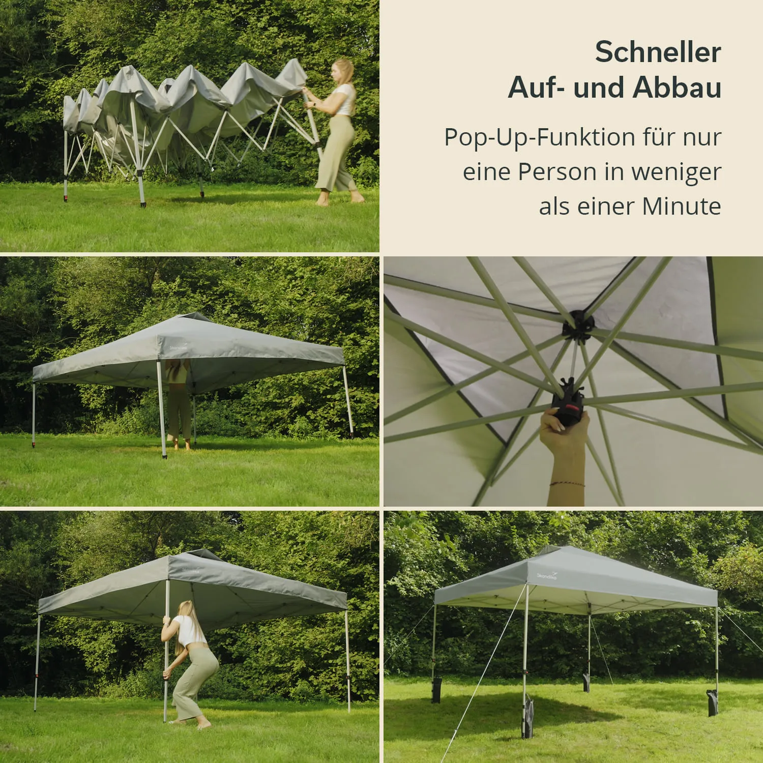 Pop-Up-Zelt in verschiedenen Montagephasen auf grasbedecktem Boden. Im Hintergrund Bäume.
