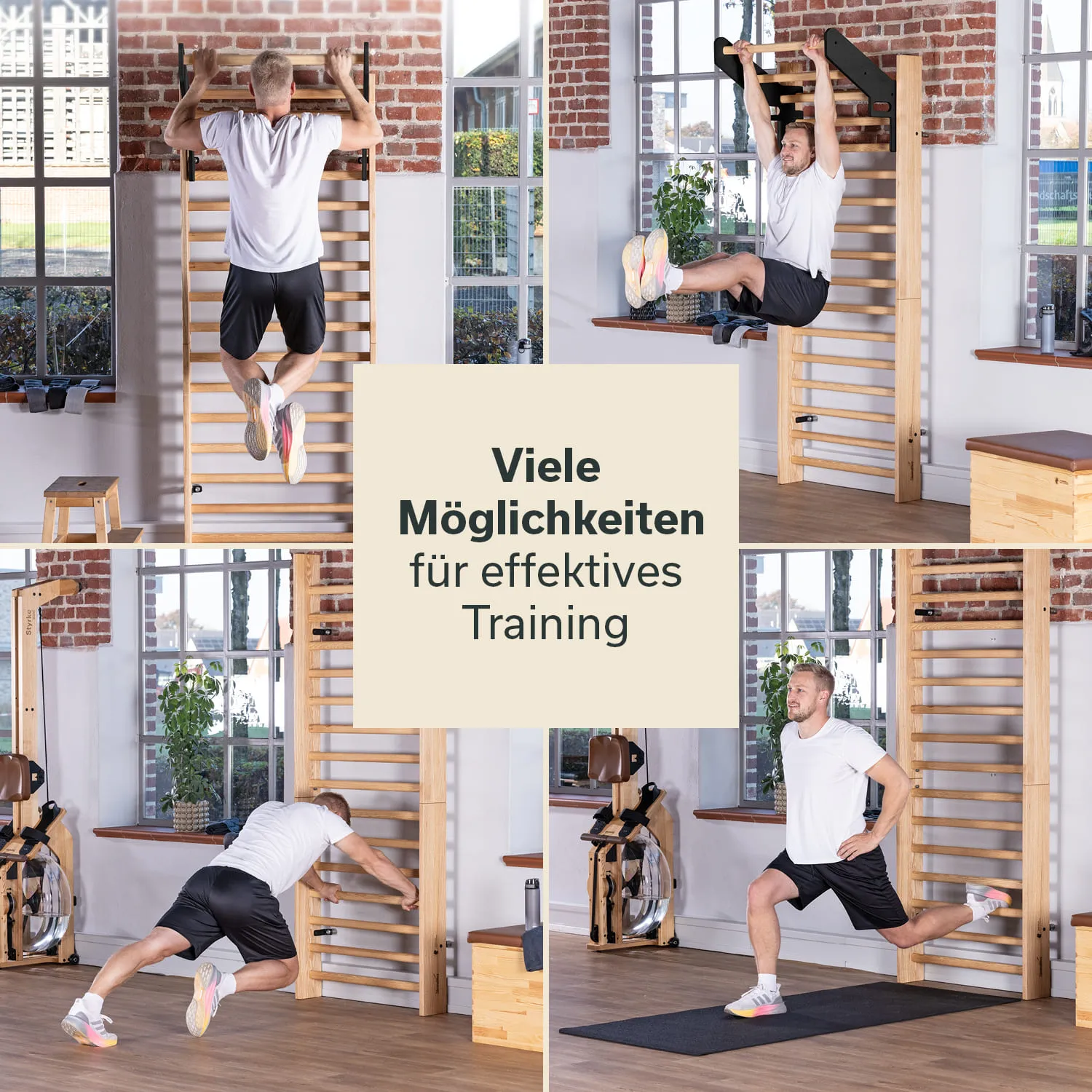 Sportliche Übungen in einem lichtdurchfluteten Raum mit Klettergerüst und Trainingsgeräten. Verschiedene Trainingspositionen.