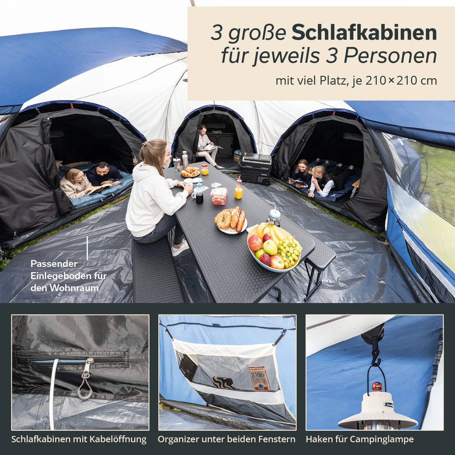 Zelt mit drei Schlafkabinen. Eine Person sitzt an einem Tisch mit Essen und Getränken, daneben liegende Schlafkabinen.