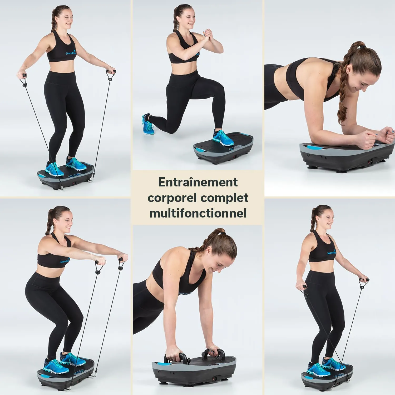 Multifunktionales Fitnessgerät mit einer Person, die verschiedene Übungen ausführt: Stehen, Lunge, Planke.