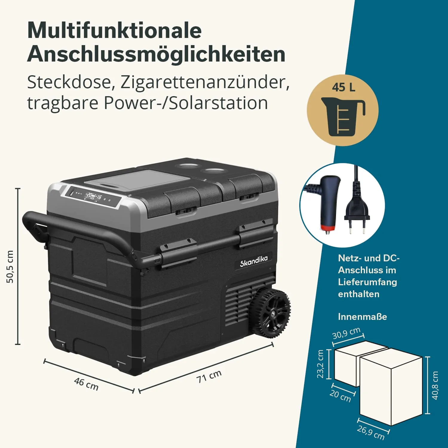 Tragbare Kühlbox mit mehreren Anschlüssen (Steckdose, Zigarettenanzünder) und einem Volumen von 45 Litern. Maße: 71 x 46 x 50,5 cm.
