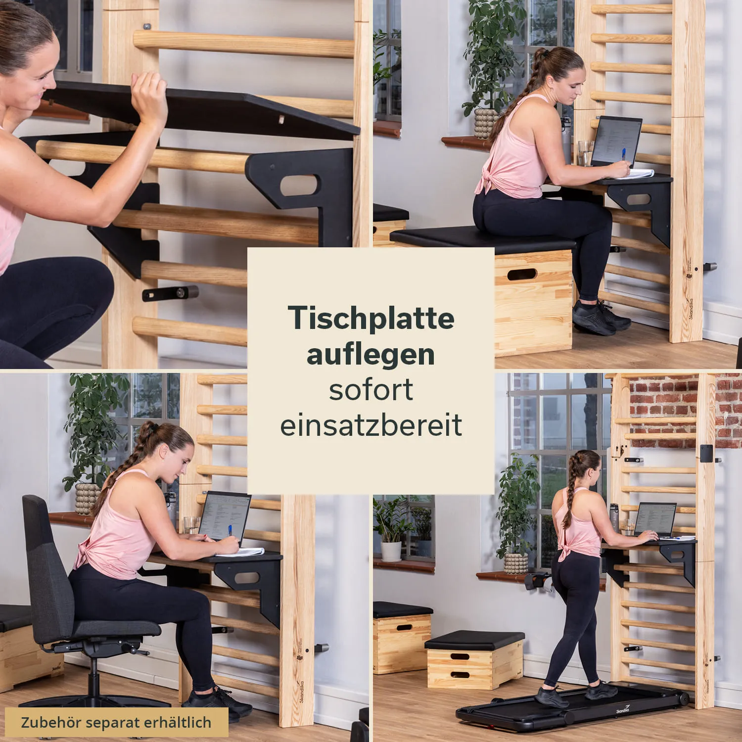 Integriertes Möbelstück mit einer Tischplatte und einem Schreibtischstuhl. Person arbeitet am Laptop. Holzregal im Hintergrund.