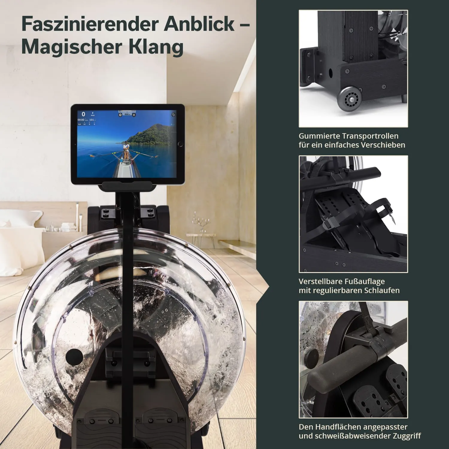 Rudergerät mit transparentem Wassertank, verstellbarer Fußauflage und Tablet-Halterung in modernem Raum.