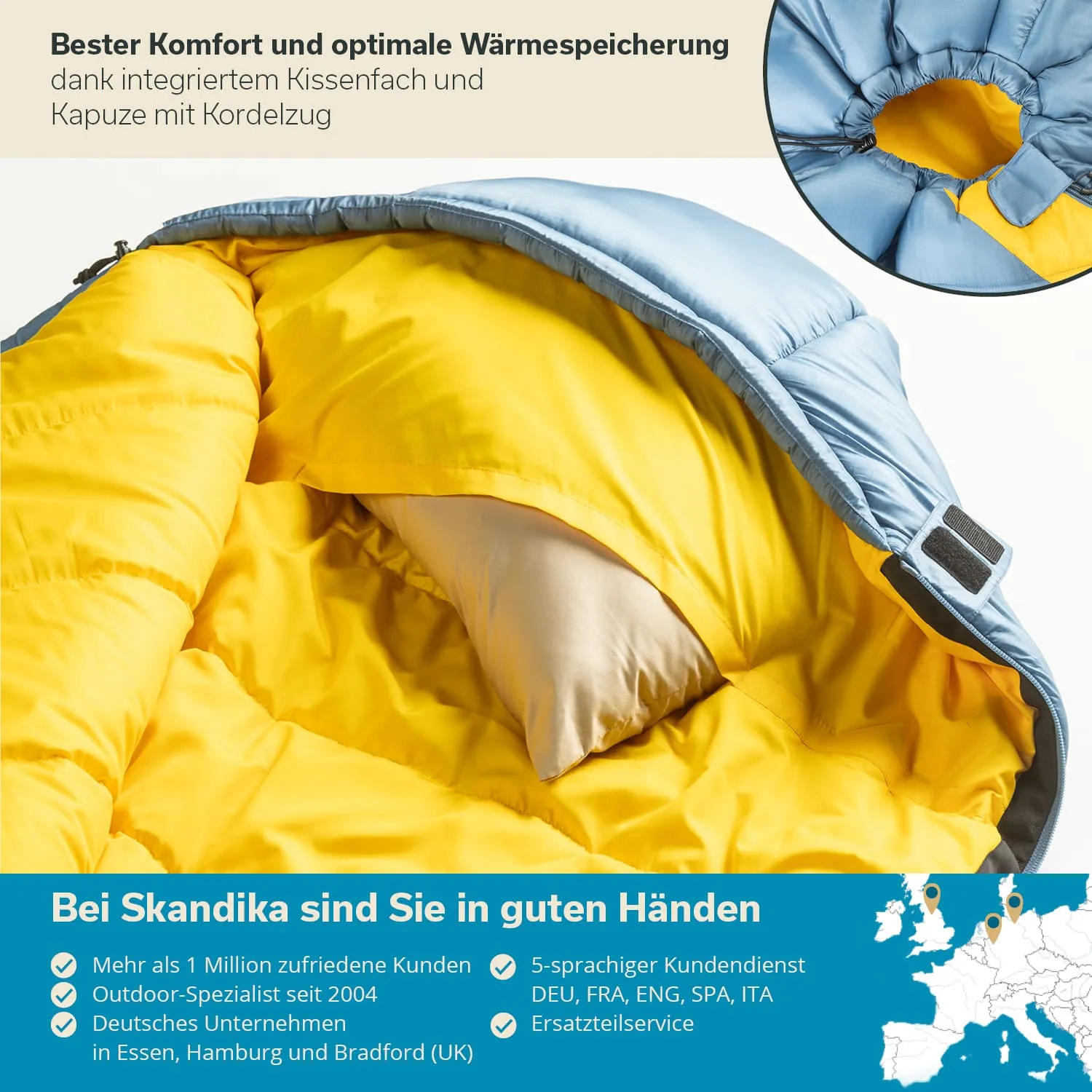 Schlafsack mit blauer Außenseite und gelber Innenseite. Sichtbar sind ein Kissenfach und eine Kapuze mit Kordelzug.