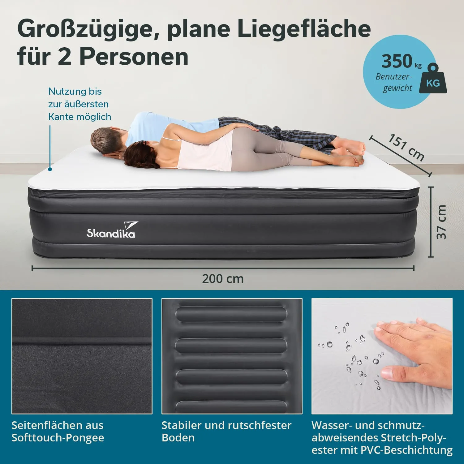 Luftmatratze für zwei Personen mit einer Liegefläche von 200 x 151 cm und einer Höhe von 37 cm. Details zu Materialien und Eigenschaften.