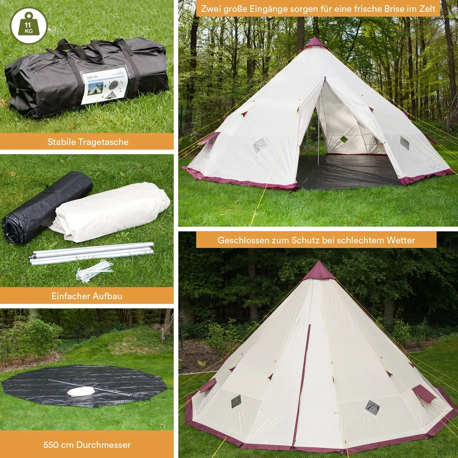 Zelt in natürlicher Umgebung mit zwei Eingängen, Tragetasche, Aufbauzubehör und Fußbodenplan. Gesamtmaß: 550 cm Durchmesser.