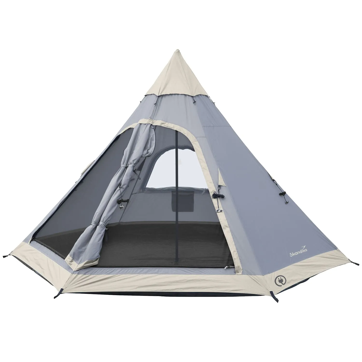 Umrahmendes Zelt in Form eines Tipis mit spitzem Dach, grauer und beiger Farbgebung, öffentlichem Eingang und Netzfenster.