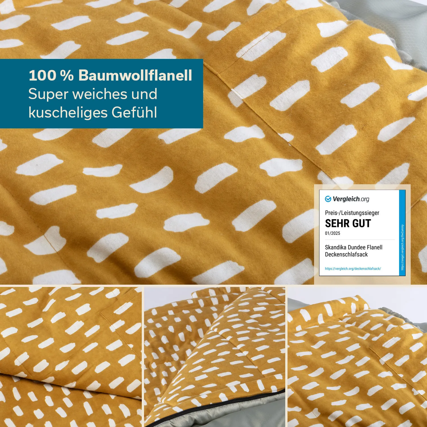 Deckenstoff aus 100 % Baumwollflanell in gelb mit weißen Mustern. Links Label mit Bewertung „SEHR GUT“.