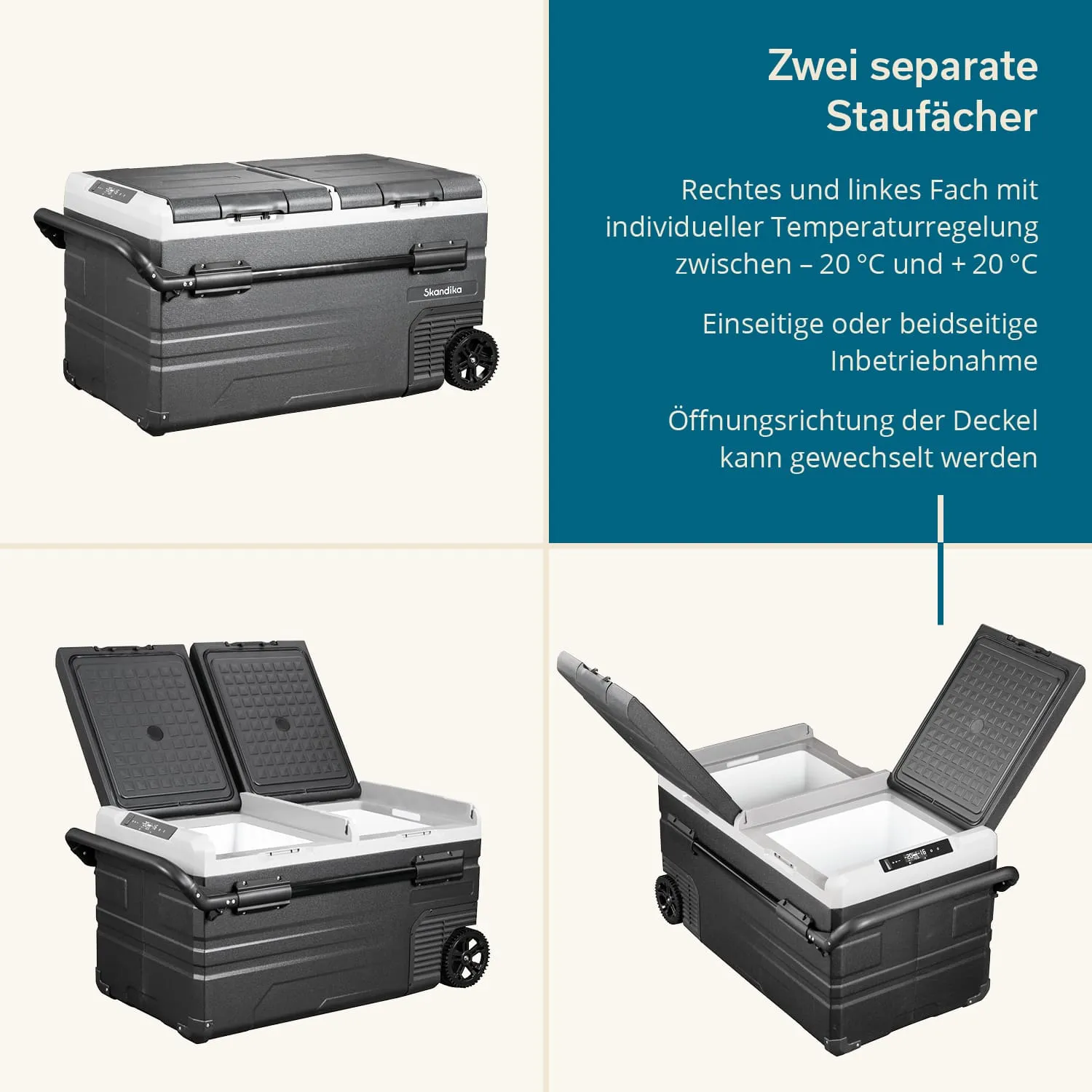 Kühlbox mit zwei separaten Staufächern und Rollen. Deckel kann in verschiedene Richtungen geöffnet werden.