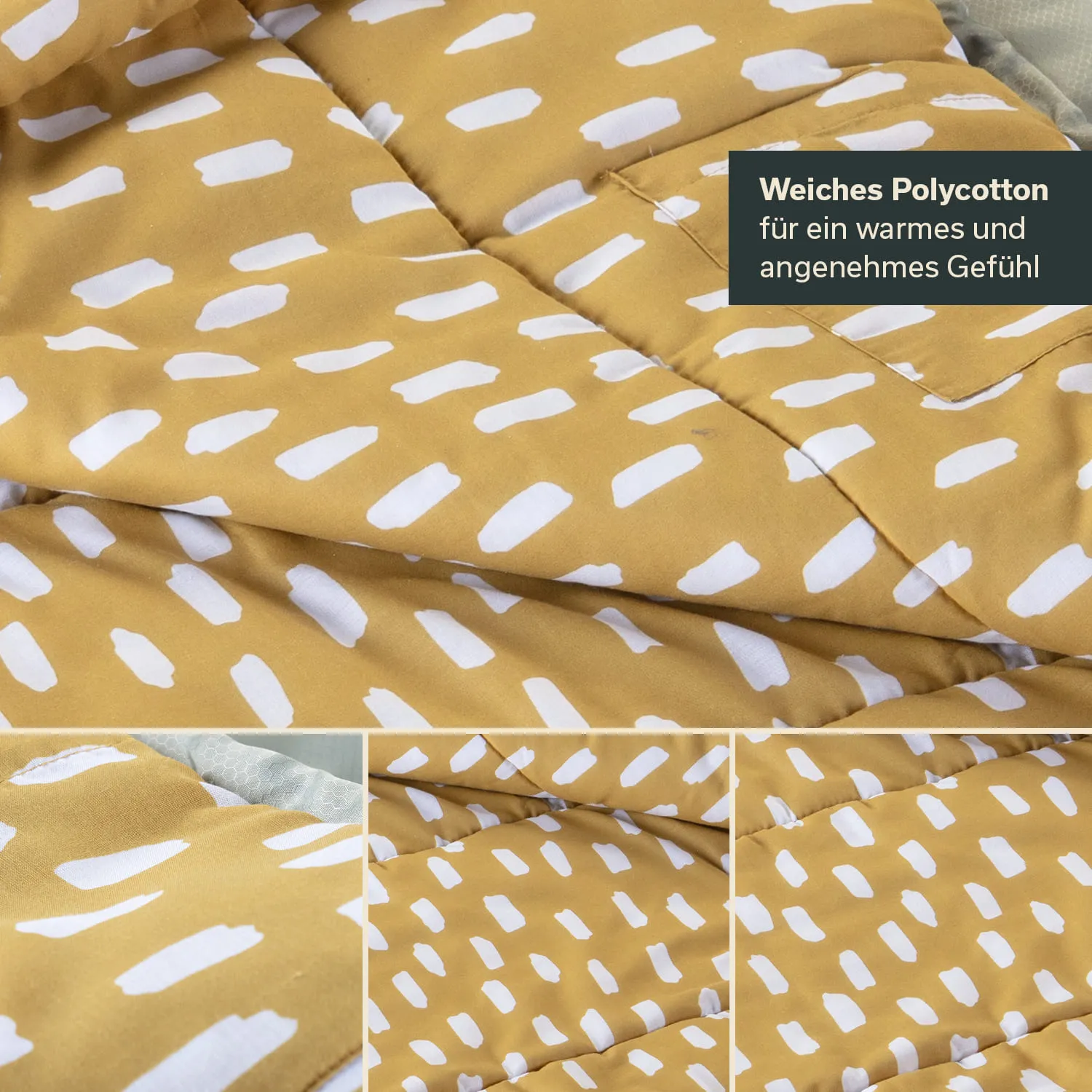 Gelb-weiße Stoffoberfläche mit unregelmäßigen, weißen Mustern und einem Hinweis auf weiches Polycotton.