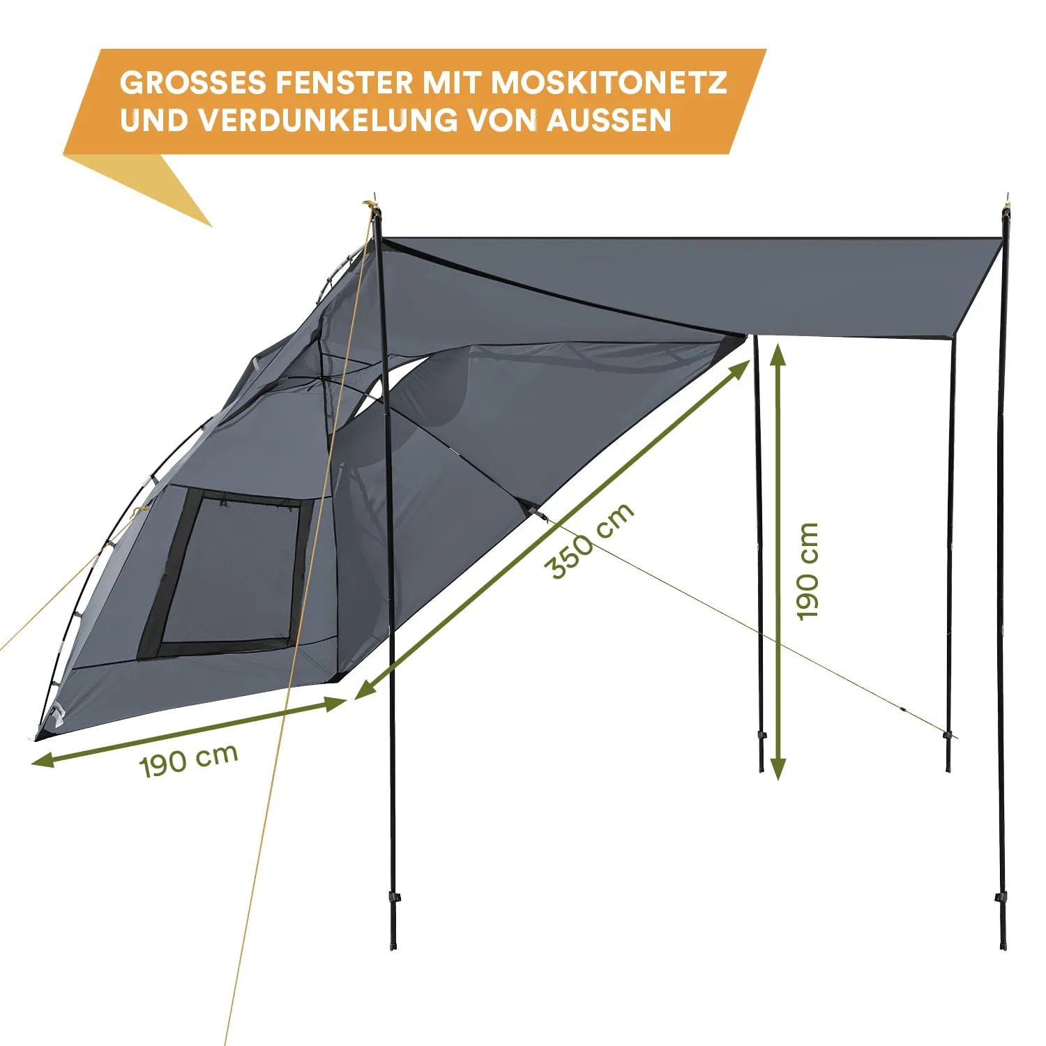 Ein großes Moskitonetz-Fenster mit Verdunkelung, verbunden mit Stangen, Maße 350 cm Breite und 190 cm Höhe.