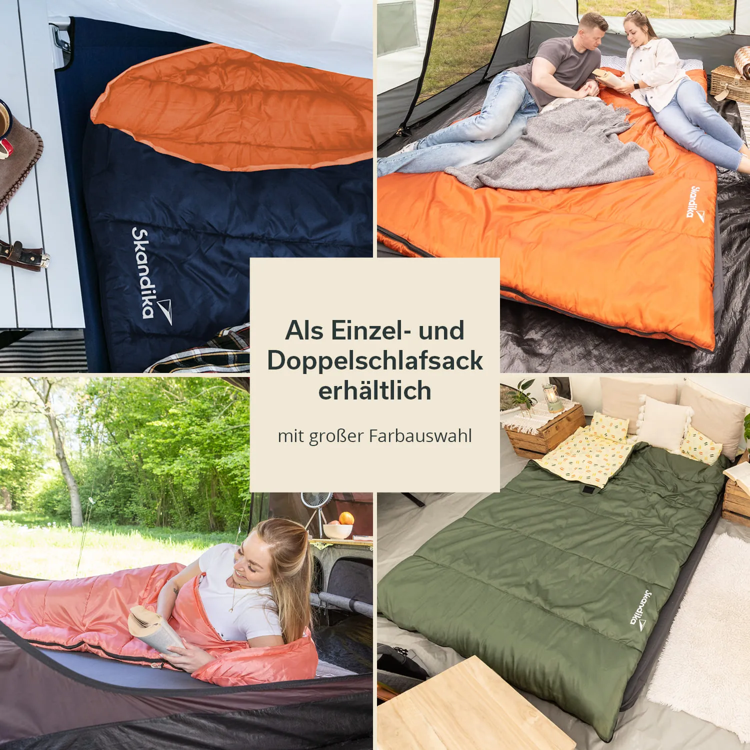 Verschiedene Schlafsäcke in unterschiedlichen Farben, genutzt in Outdoor- und Innenumgebungen, auf mehreren Bildern angeordnet.