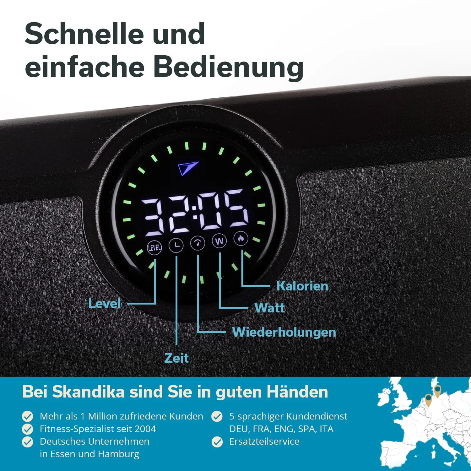 Display eines Fitnessgeräts mit digitaler Anzeige für Zeit, Kalorien, Watt, Level und Wiederholungen. Text informiert über Vorteile.