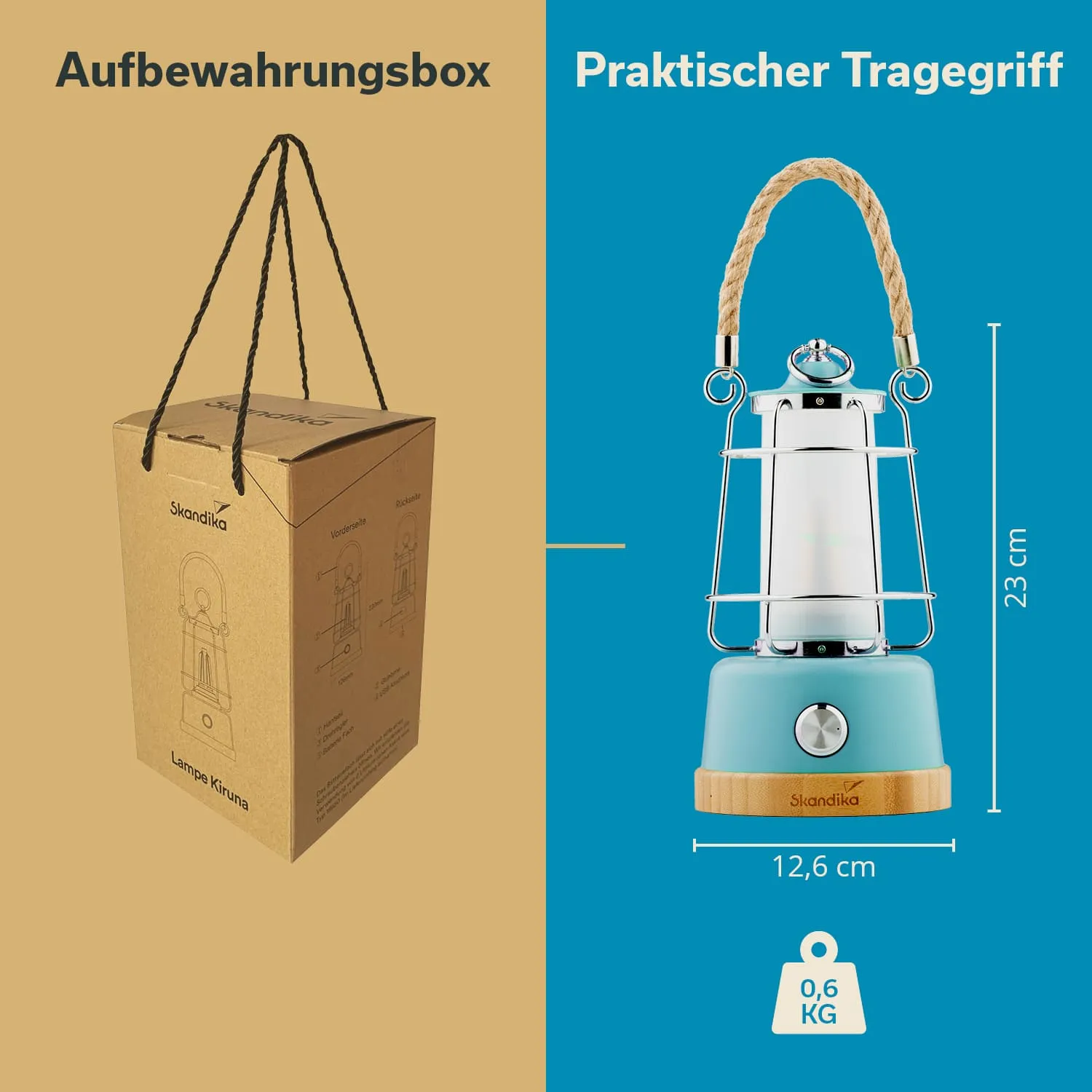 Auf der linken Seite ist eine braune Aufbewahrungsbox mit Tragegriff zu sehen, die eine Lampe zeigt. Auf der rechten Seite befindet sich die Lampe selbst, mit einem blauen Sockel, einem transparenten oberen Teil und einem Druckknopf, um die Lampe zu