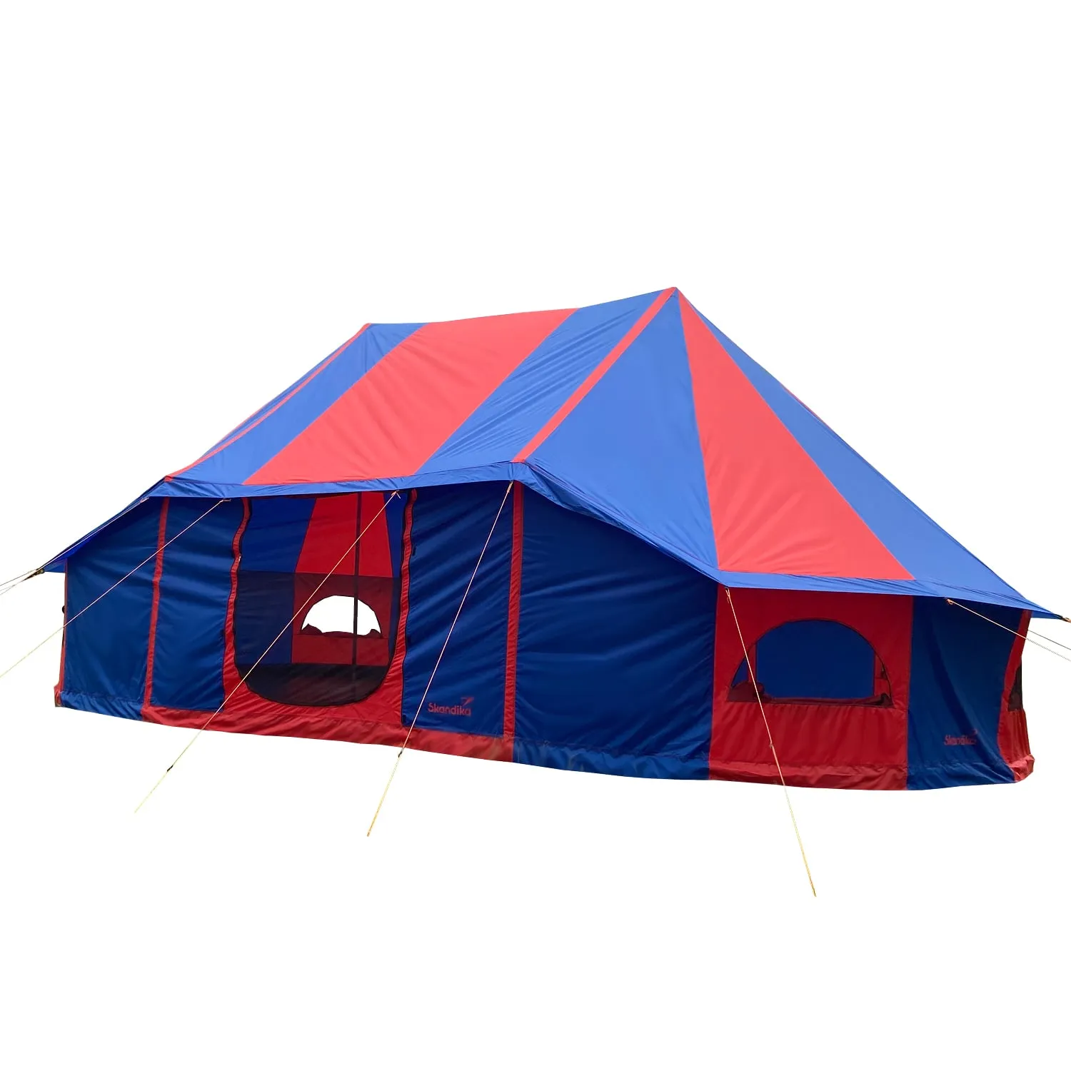 Zelt in rot-blauem Design mit spitzem Dach, seitlichen Fenstern und Eingängen, auf weiße Fläche platziert.