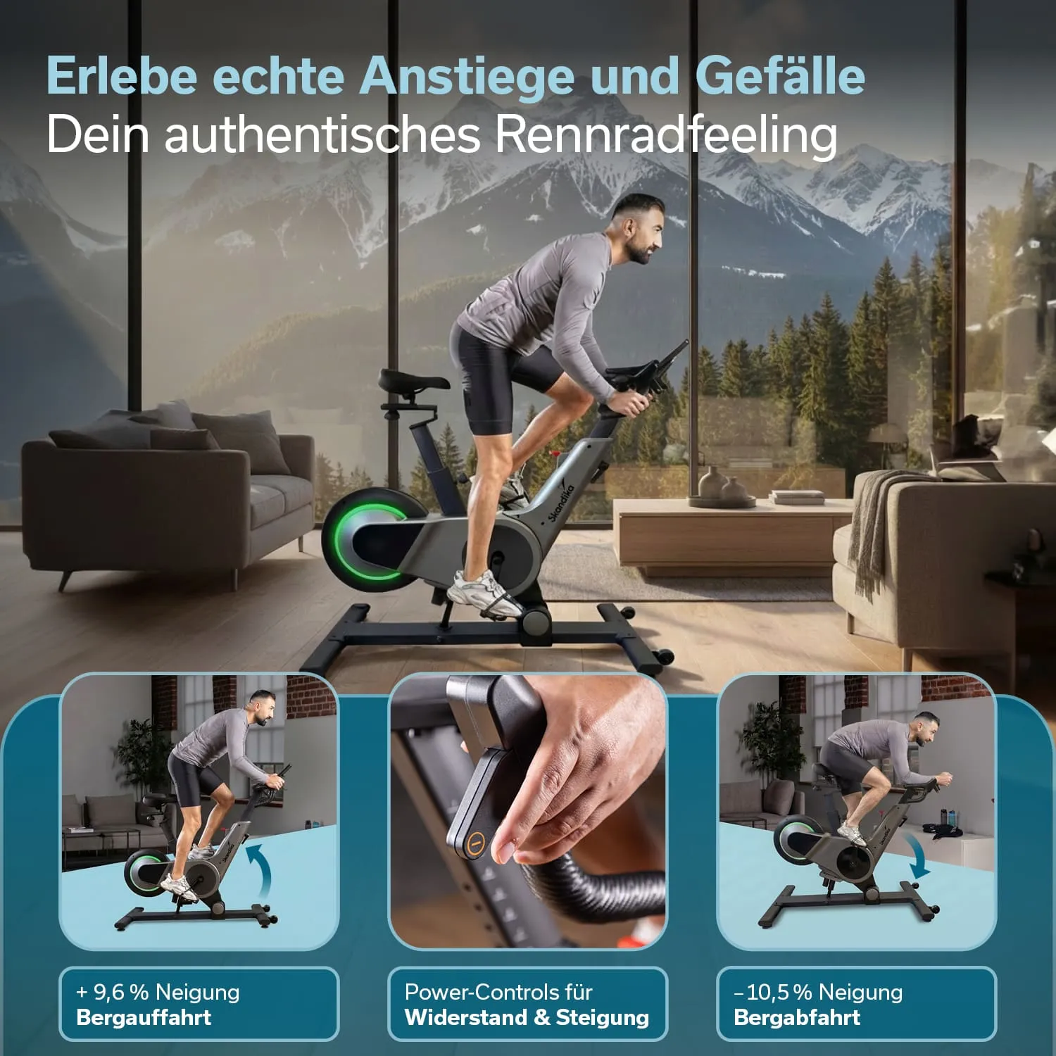 Mann trainiert auf einem Heimtrainer in einem modernen Raum mit Aussicht auf Berge. Anzeigen für Neigungs- und Widerstandskontrolle.