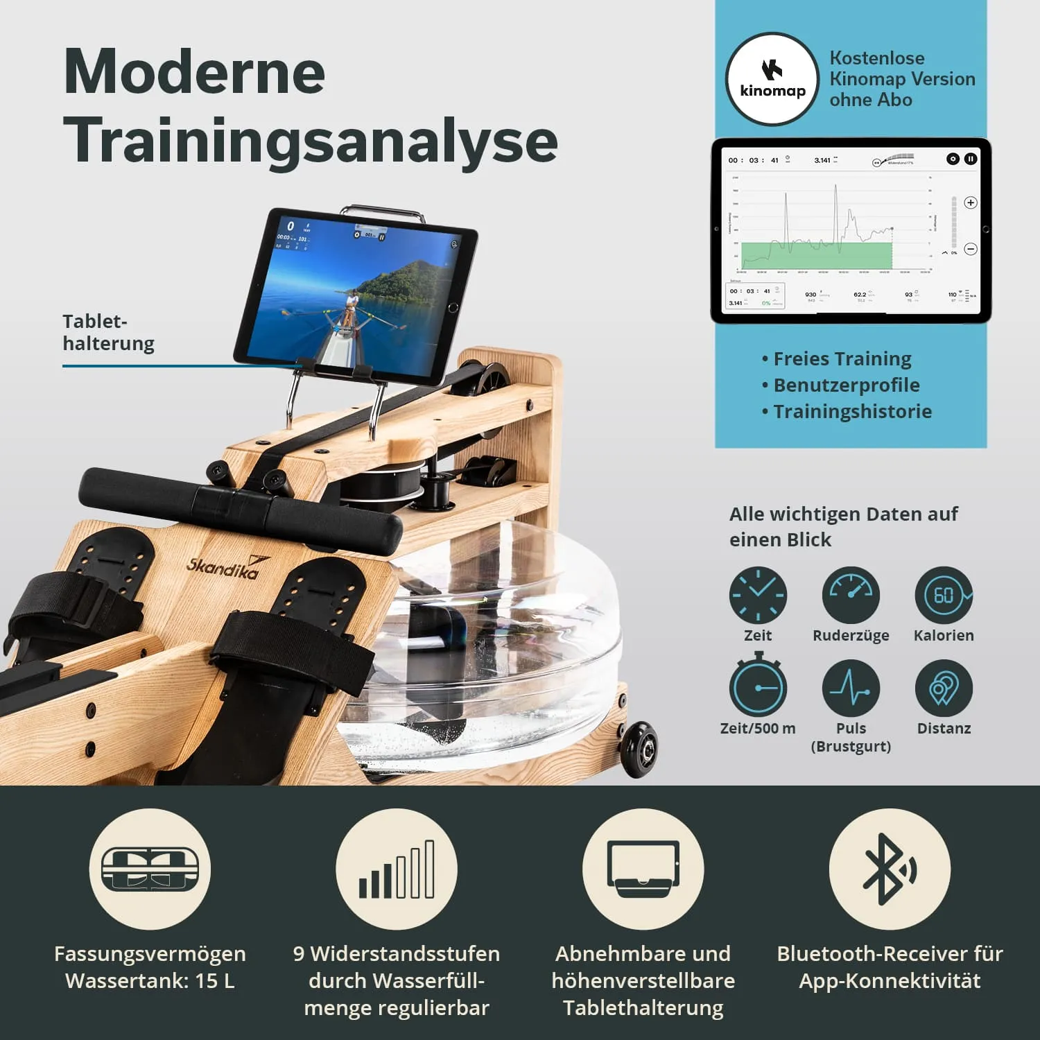 Wassertretgerät aus Holz mit Tablet-Halterung. Anzeige für Trainingsdaten: Zeit, Kalorien, Puls, Distanz. Wasserbehälter sichtbar.