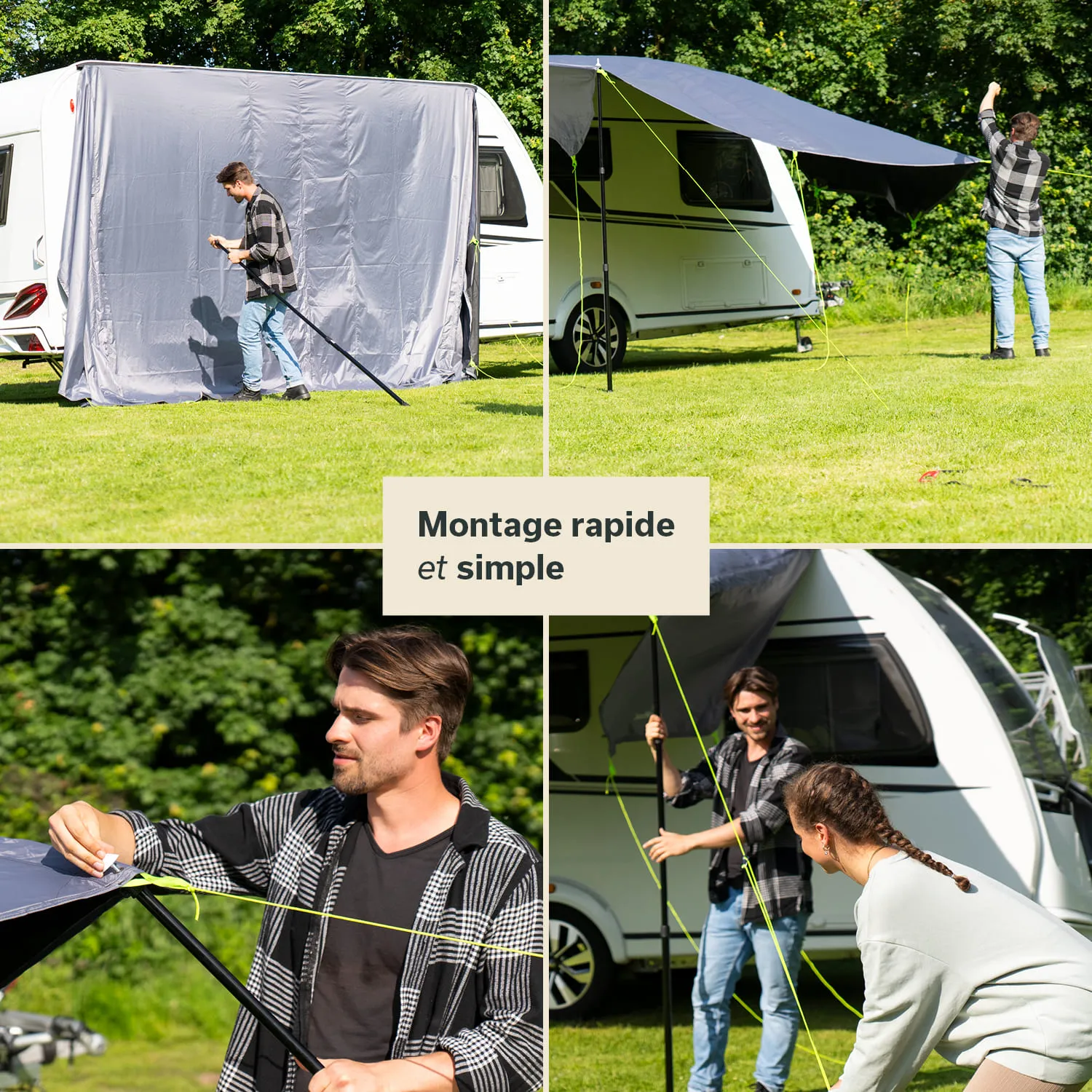 Zeltmontage im Freien, Personen beim Aufstellen eines Zeltes neben einem Wohnmobil auf Rasenfläche.