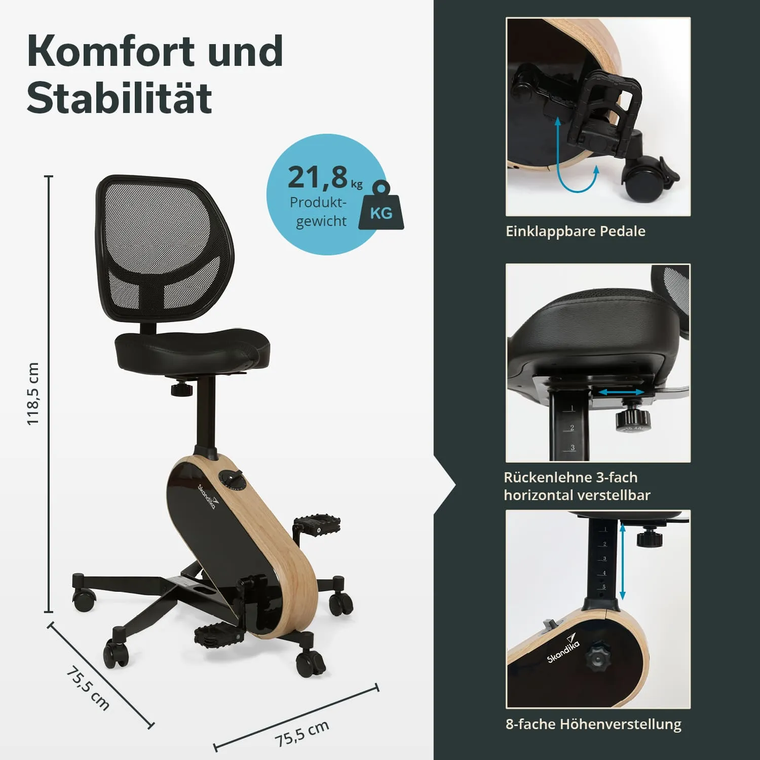 Rollstuhl mit Netzrückenlehne und schwarzem Sitz, ergonomisches Design, einklappbare Pedale, Maße und Gewicht sind angegeben.