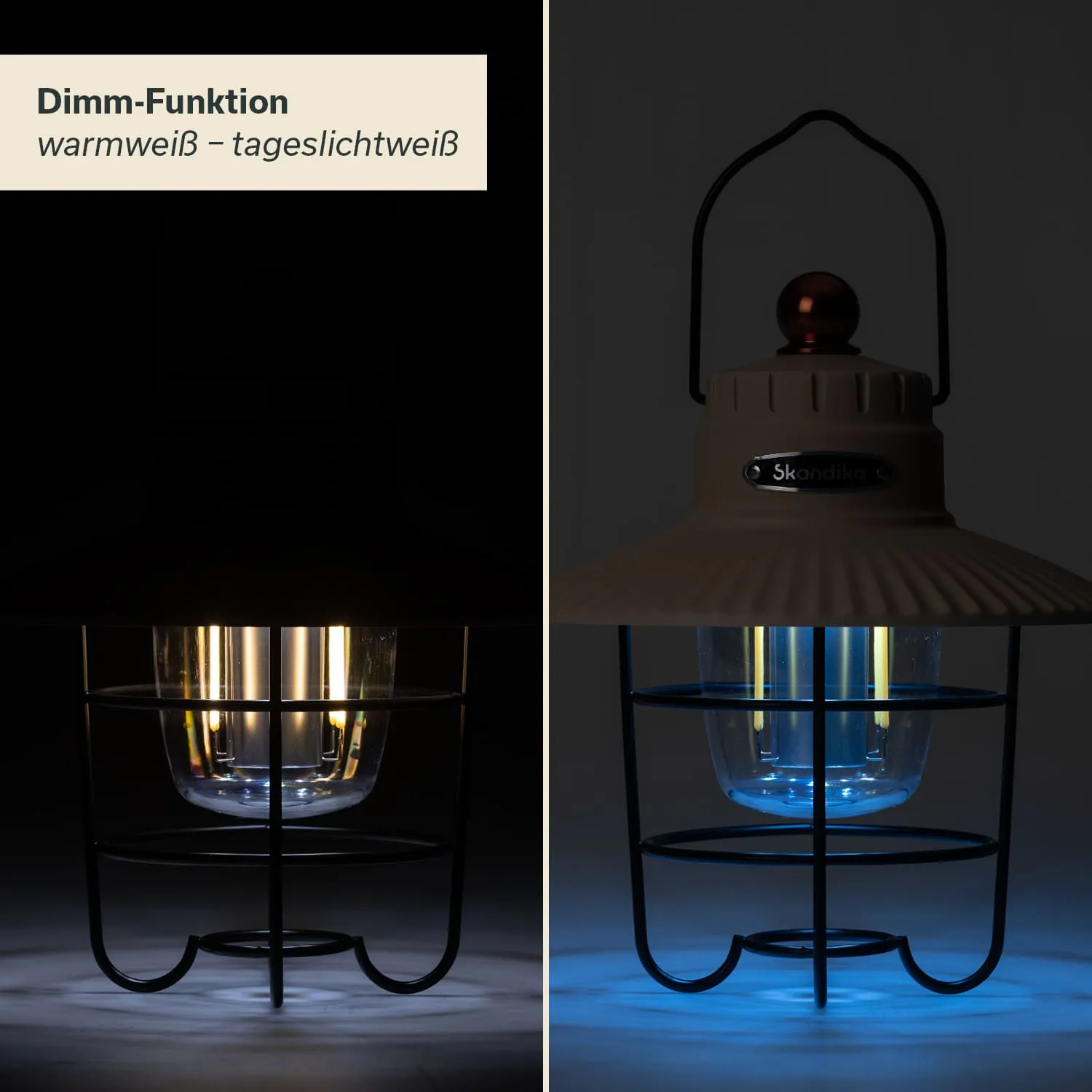 Lampe mit dimmbarer Funktion, links in warmweißem Licht, rechts in tageslichtweißem Licht. Metall- und Glasstruktur sichtbar.