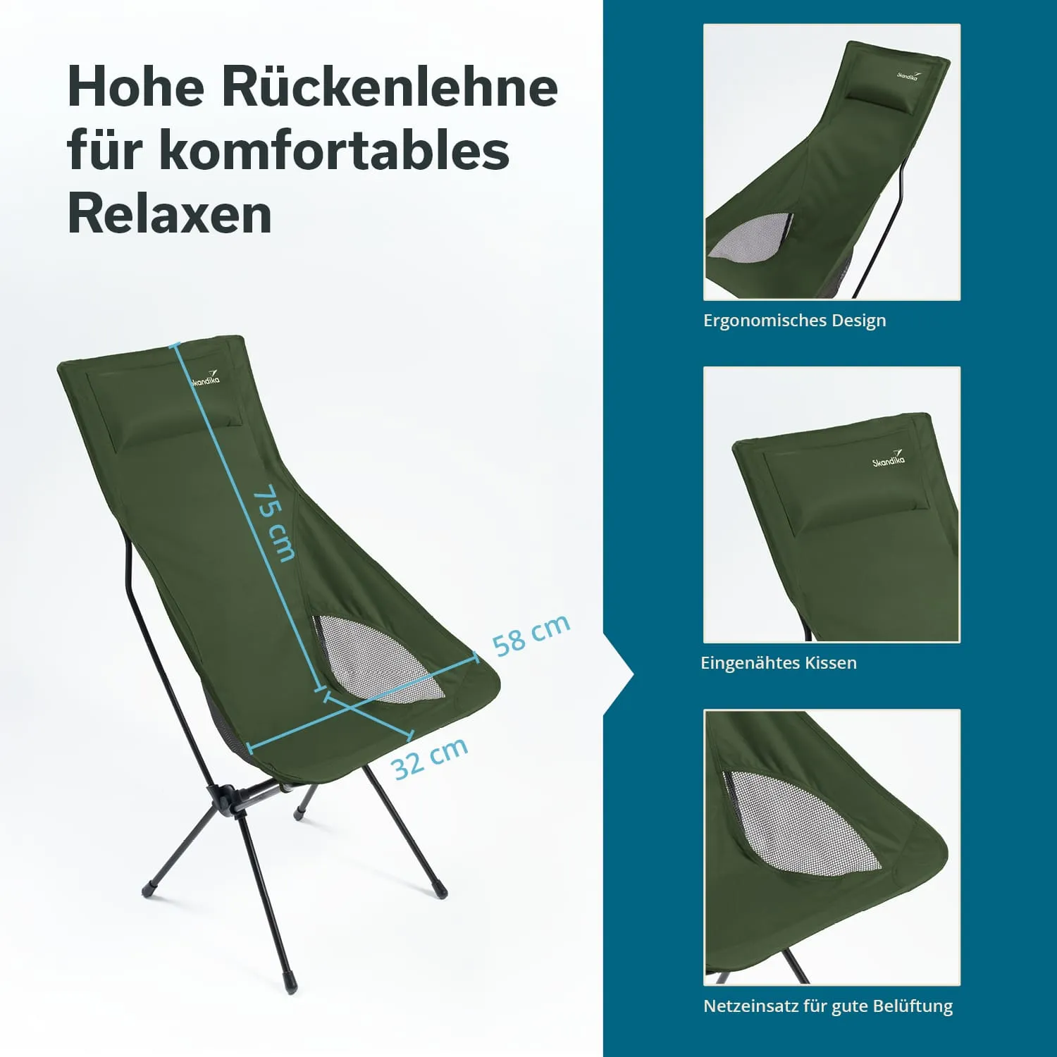 Klappstuhl mit hoher Rückenlehne in Dunkelgrün, ergonomisch designt, Maße zur besseren Übersicht, inkl. Kissen und Belüftungshinweisen.