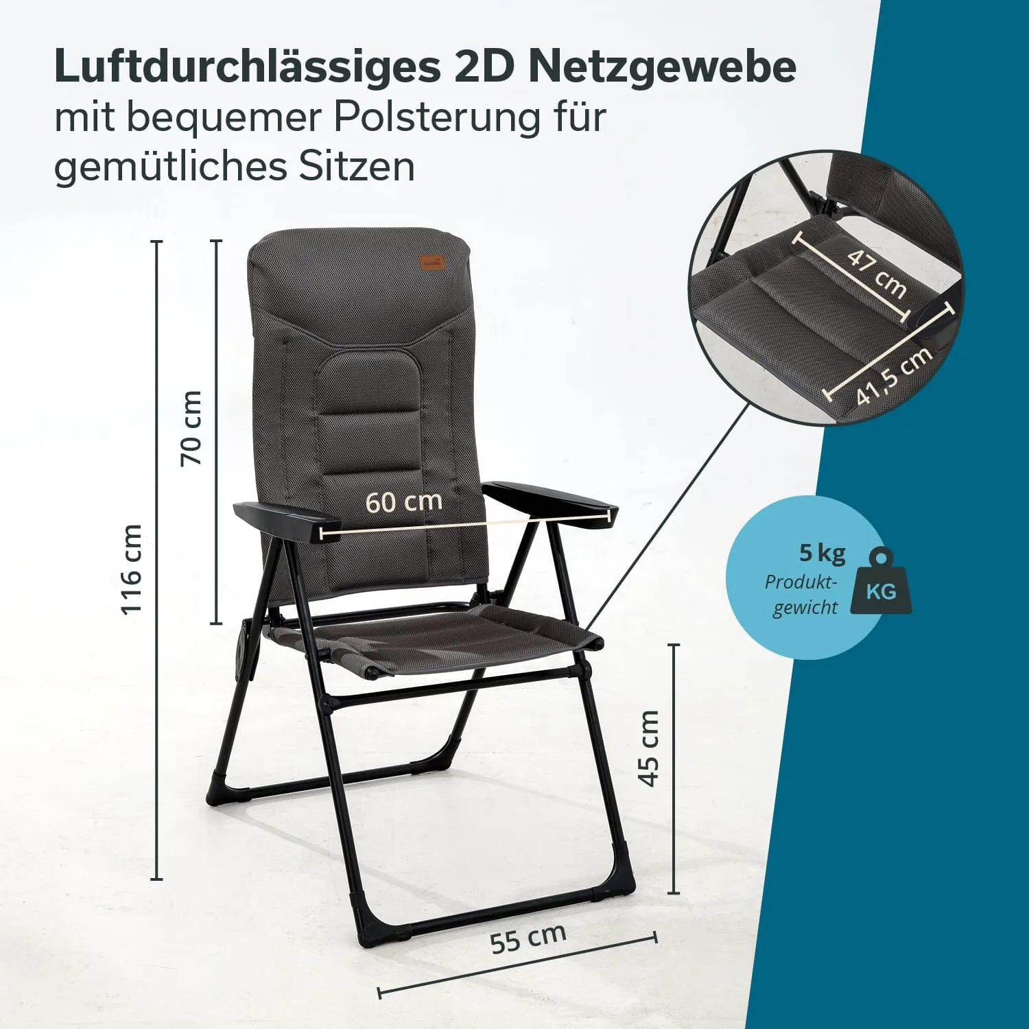 Faltstuhl mit grauer Polsterung, Maßangaben an den Seiten, schwarzes Gestell, abgebildet auf hellem Hintergrund.
