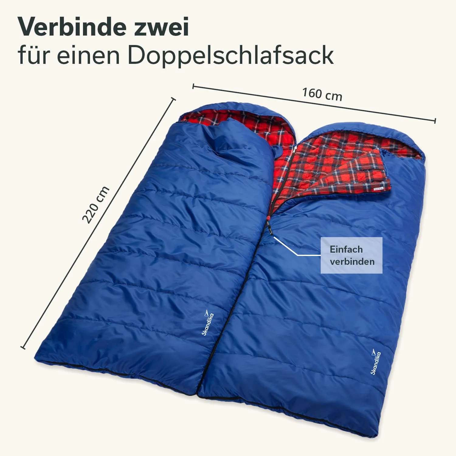 Zwei blaue Schlafsäcke liegen nebeneinander, zugenäht mit rotem Karomuster innen. Maße und Verbindungshinweis sind abgebildet.