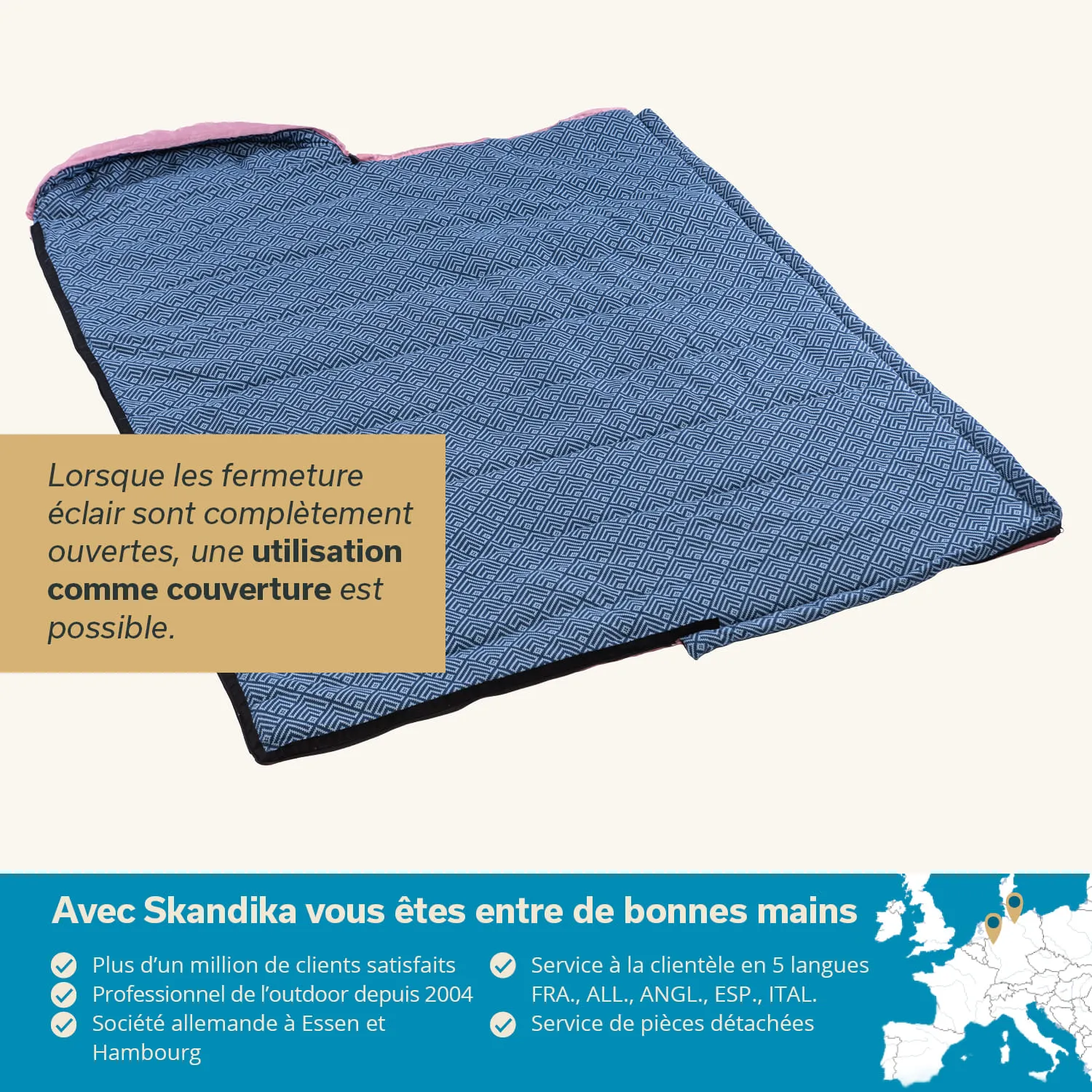 Blaues, gemustertes Textilstück mit rosa Rand, teilweise gefaltet. Textinformationen zu Nutzung als Decke sind sichtbar.