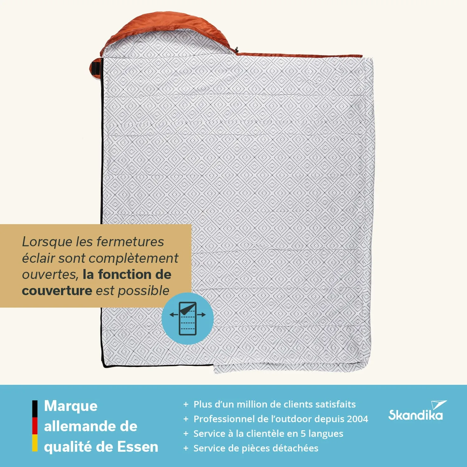 Schlafsack mit Reißverschluss und einem weißen Muster, beschriftet mit Gebrauchsanweisungen und Informationen in verschiedenen Sprachen.