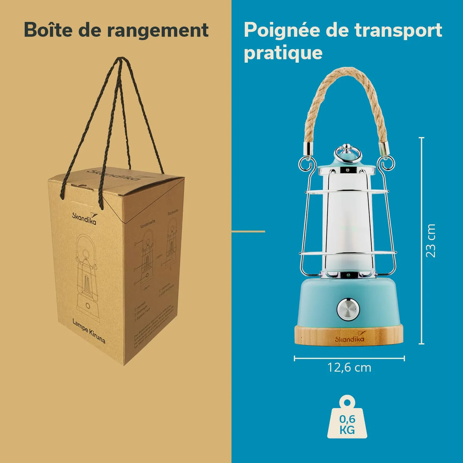 Verpackung einer Lampe mit Trageseil und Abbildung der Lampe auf blauem Hintergrund. Maße: 23 cm hoch, 12,6 cm Durchmesser, 0,6 kg.