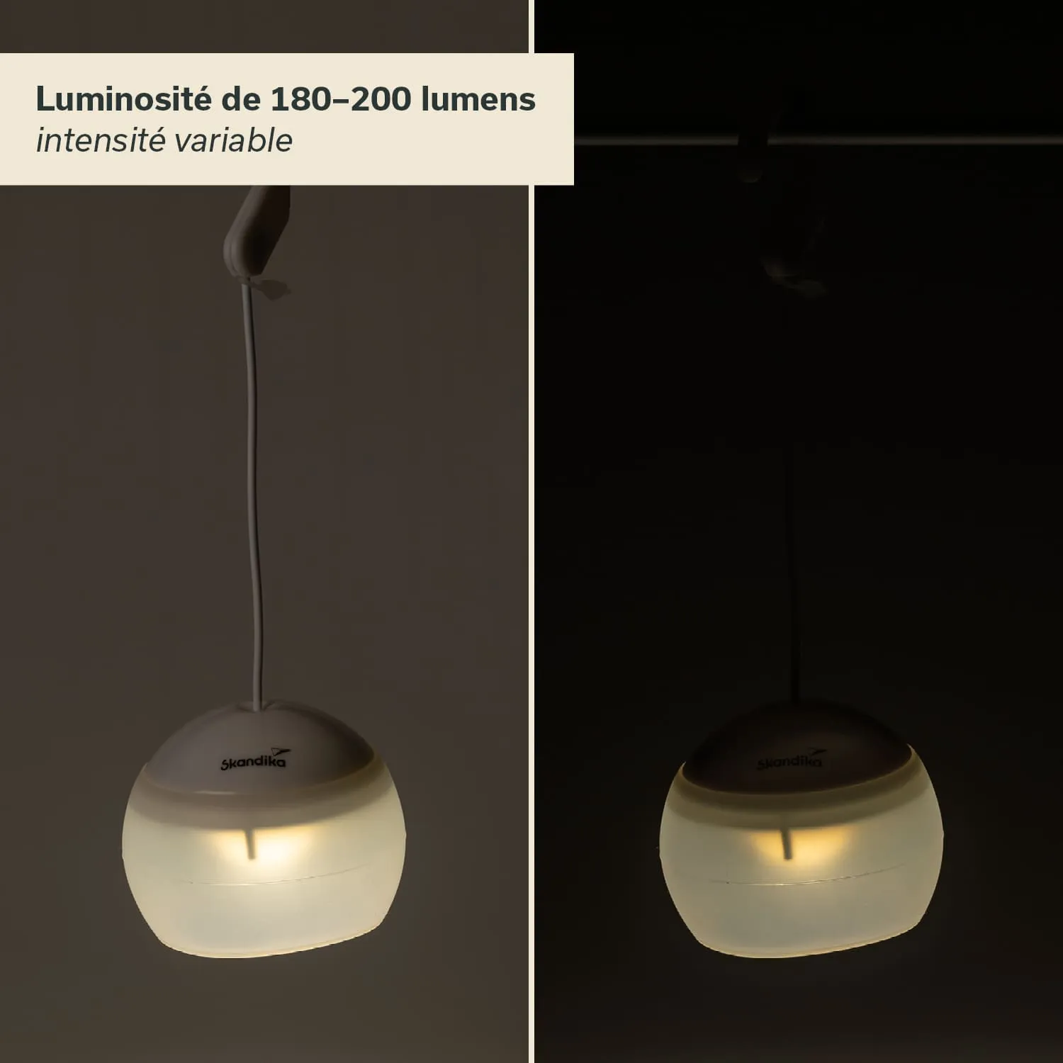 Hängelampe in runder Form, teilweise beleuchtet, vor einem dunklen Hintergrund. Informationen über Lichtstärke und Intensität.