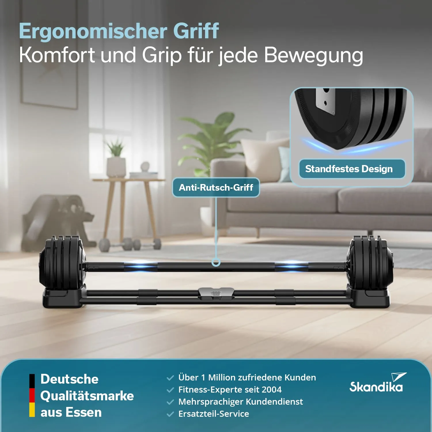 Langhantel mit ergonomischem Griff und rutschfester Oberfläche auf einem Holzboden. Hintergrund mit Pflanzen und Möbeln.