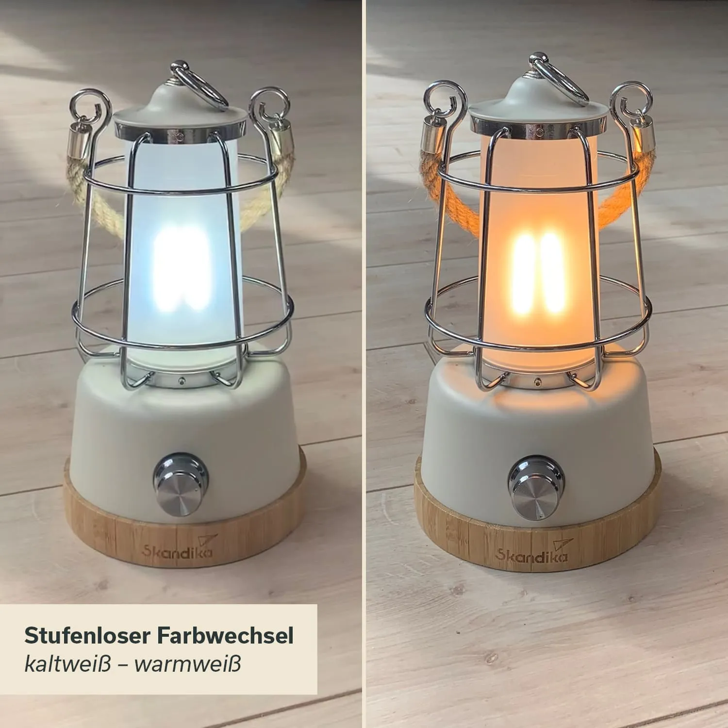 Laterne mit Metallgitter, Wechsel zwischen kaltweißem und warmweißem Licht, stabiler Sockel aus hellem Material und Holz.