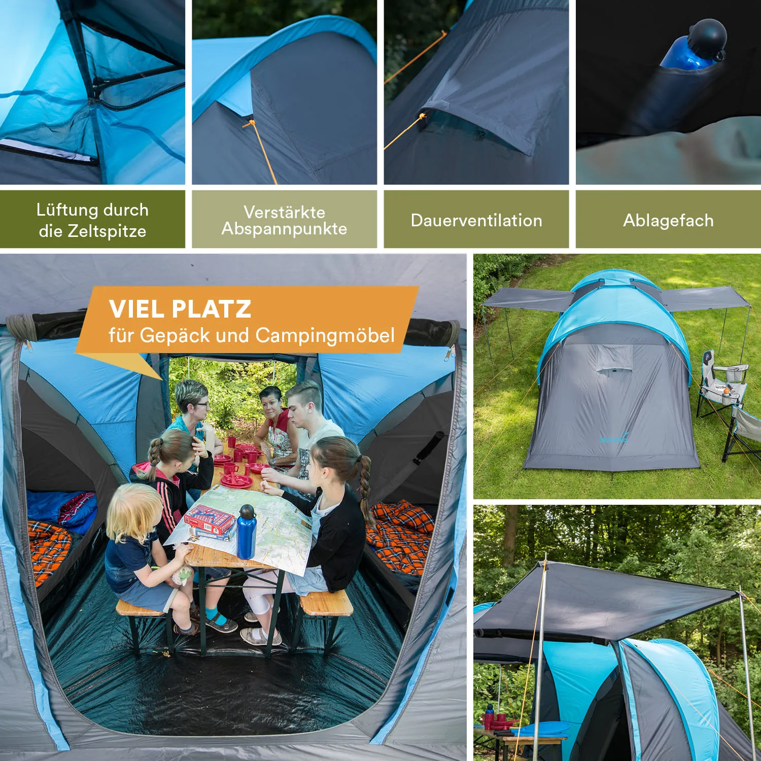 Zelt mit blauer und grauer Plane, Innenraum mit Tisch und Sitzenden, Text über Belüftung und Platz für Möbel.