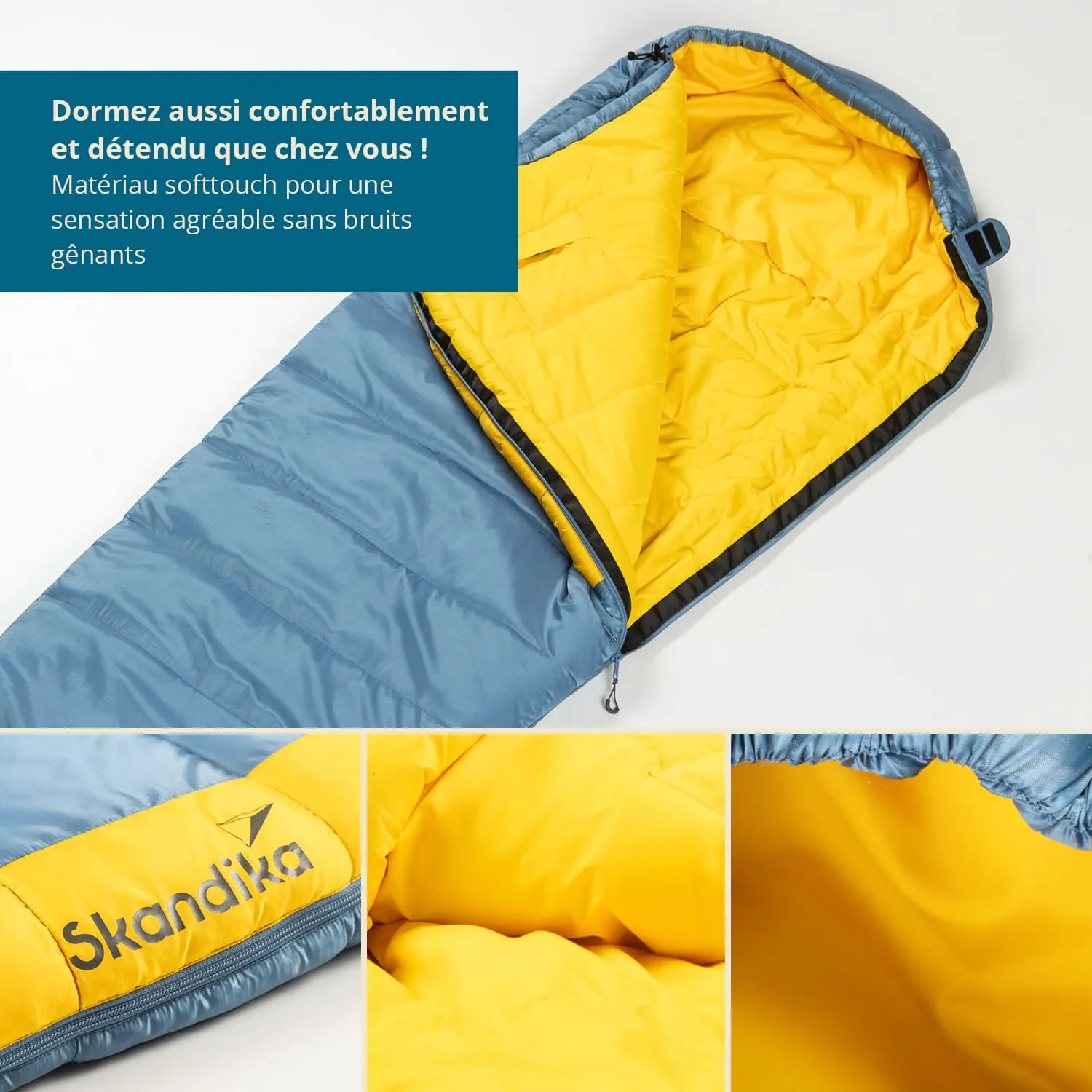Schlafsack in blau und gelb mit Reißverschluss und Logo. Innenfutter in gelb, weich gepolstert. Hintergrund hell.