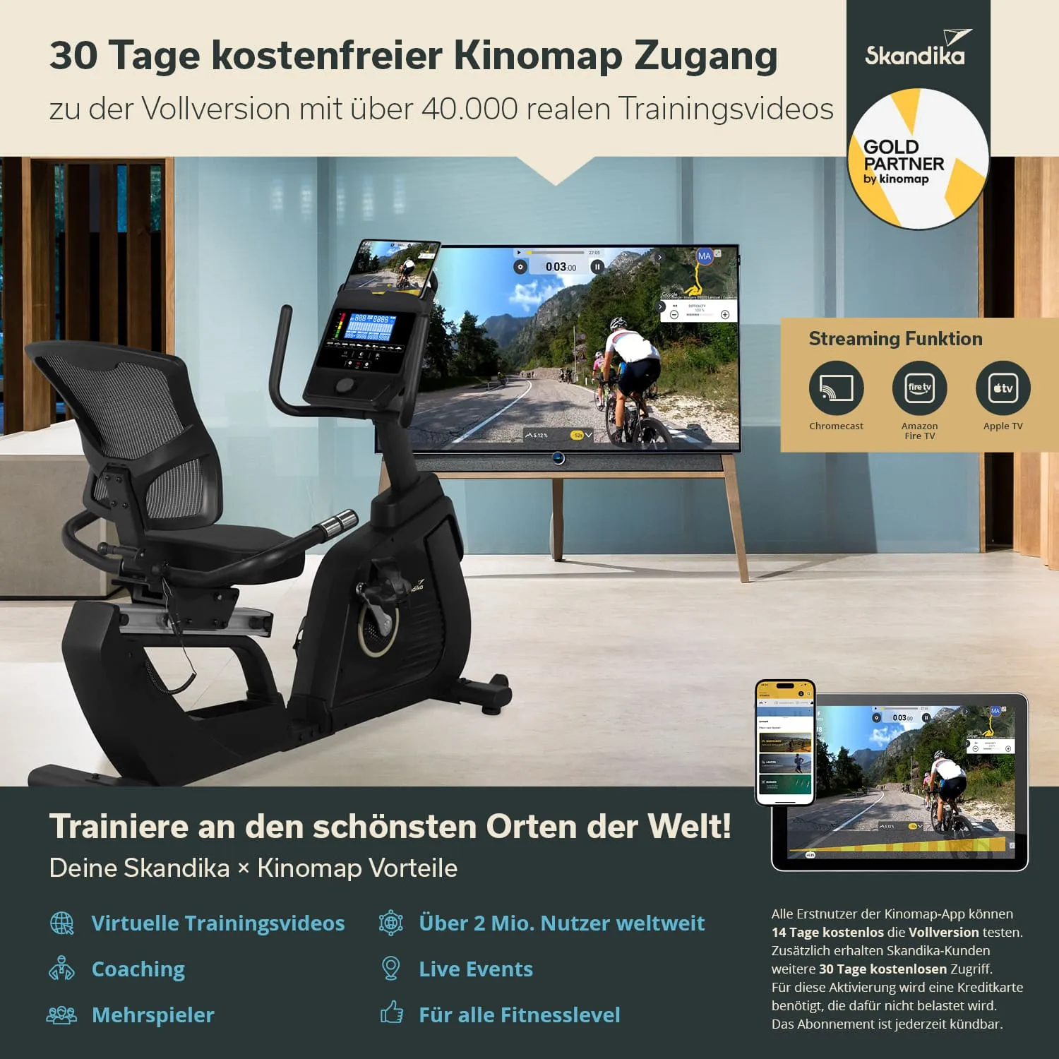 Ein Trainingsgerät in einem modernen Wohnraum, mit einem Bildschirm im Hintergrund, der eine Radfahr-Szene zeigt. Links befindet sich der Sitz und das Display des Geräts, rechts der Fernseher. Textinformationen über Kinomap und Vorteile sind sichtbar.