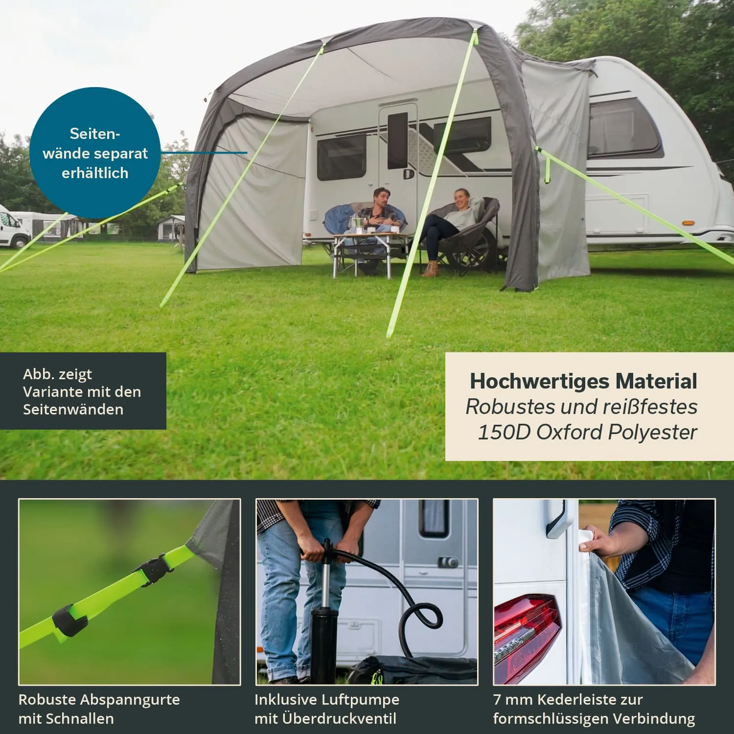 Faltbare Markise aus 150D Oxford Polyester mit grünen Abspannungen, neben einem Wohnwagen auf einer grünen Wiese. Nähere Informationen zur Ausstattung.