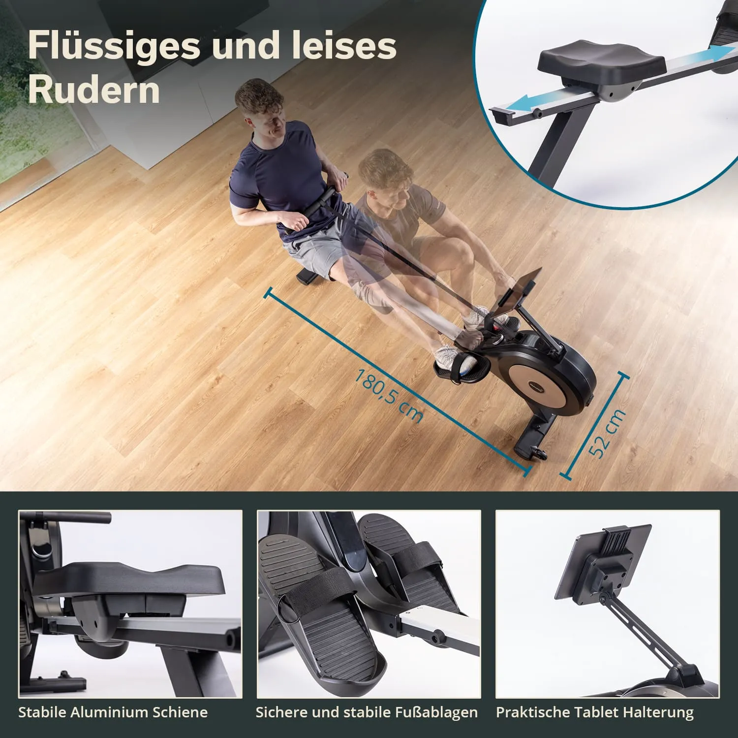 Rudergerät mit stabiler Aluminium-Schiene und Fußablagen. Tablet-Halterung und Maße von 180,5 cm und 52 cm.