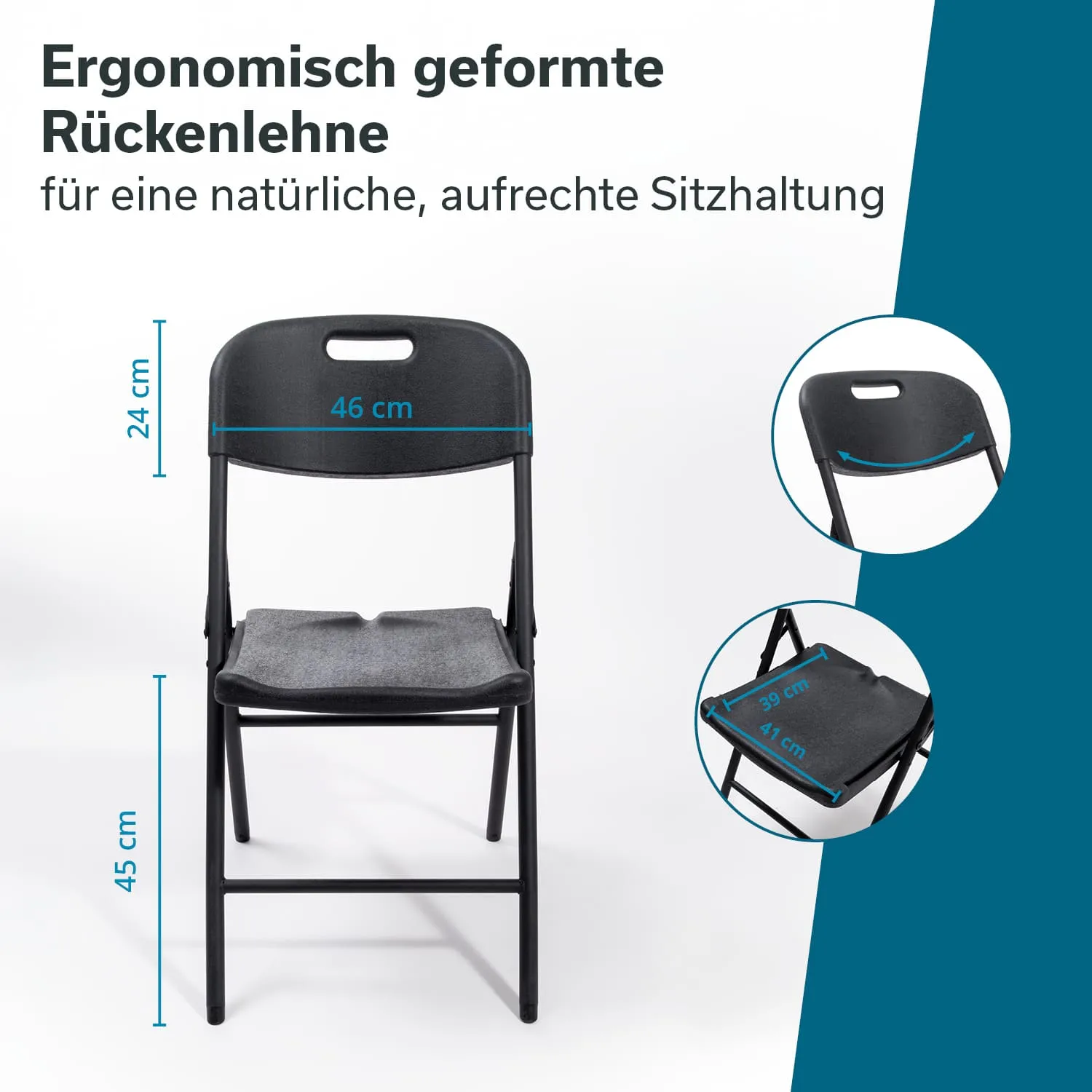 Faltstuhl mit ergonomisch geformter Rückenlehne. Abmessungen: 46 cm Breite, 24 cm Höhe (Rückenlehne), 45 cm Höhe (Sitz), 39-41 cm (Sitzfläche).