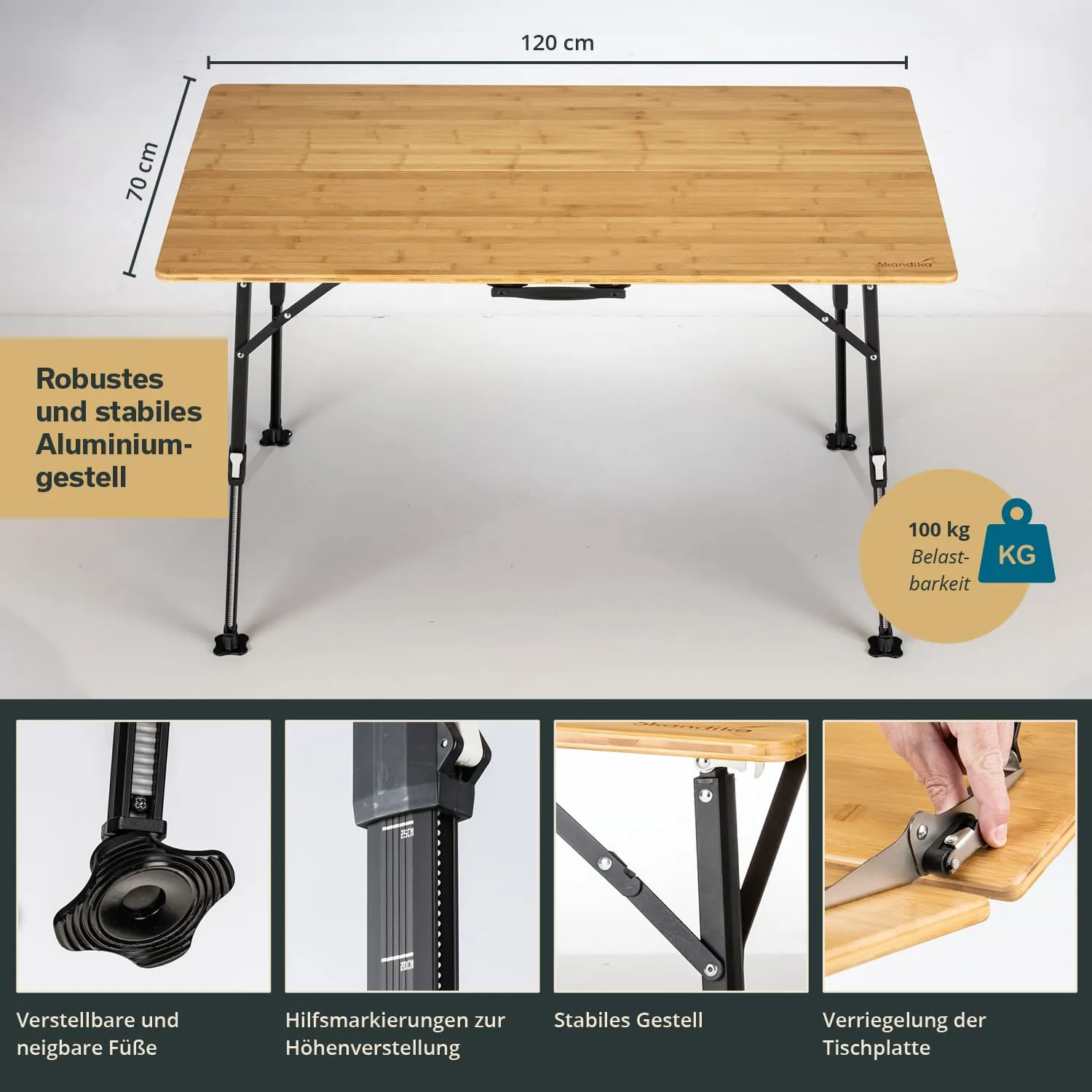 Faltbarer Tisch aus Bambus mit Aluminiumgestell, Maße 120 cm x 70 cm, belastbar bis 100 kg. Detailansichten der Funktionalitäten.